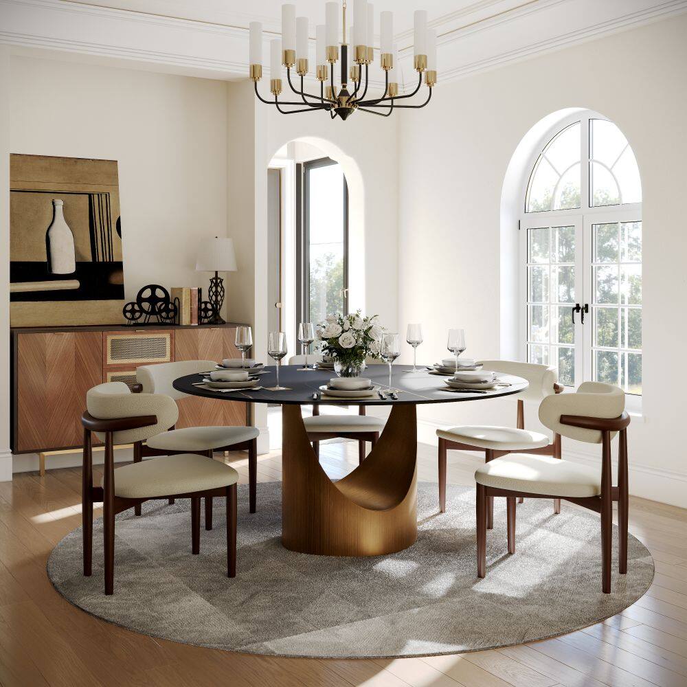 Left. POVISON - 59" Modern Round Dining Table for 6, Black Matte Sintered Stone Table with Bronze U-shaped  Steel Base - Black Matte Sintered Stone with Bronze Steel Base.