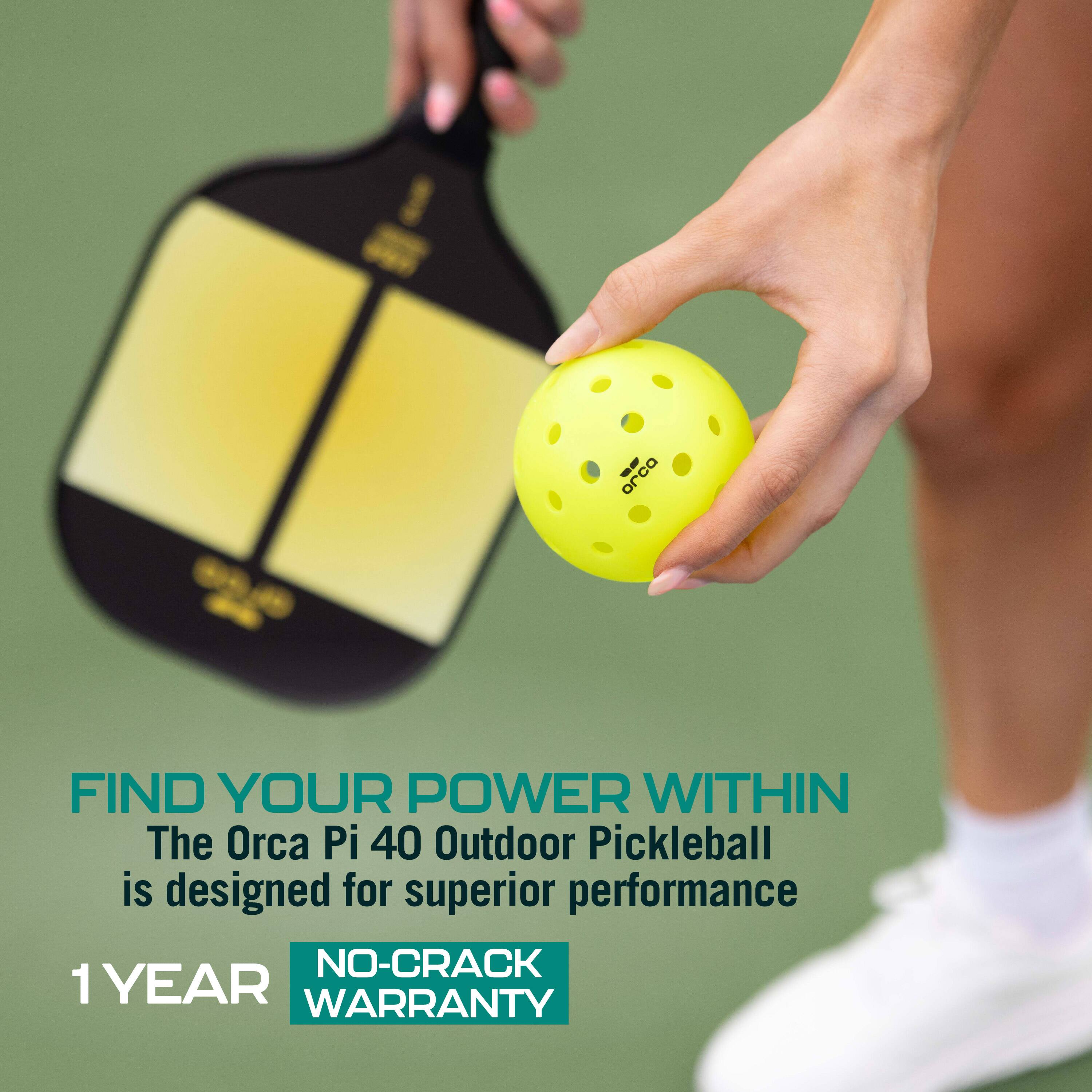 The Orca Pi 40 Outdoor Pickleball is designed for superior performance and comes with a no-crack 1-year warranty.