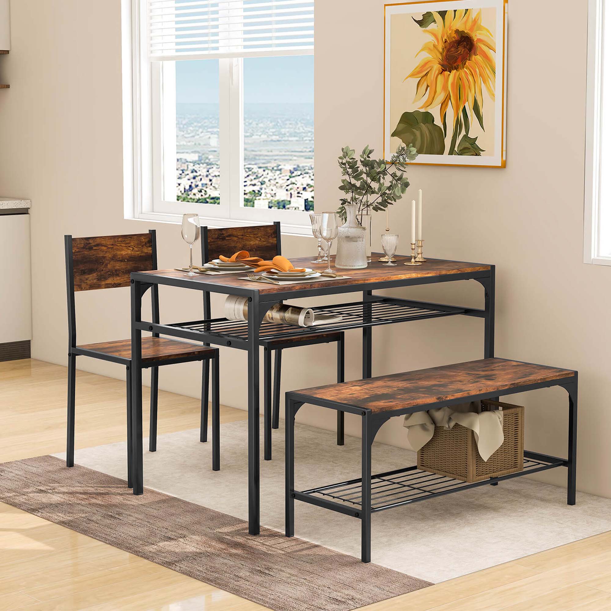 Angle. Costway - Dining Table Set for 4 Rectangular Table with 2 Chairs, 1 Bench, Storage Racks Rustic Brown - Rustic Brown.