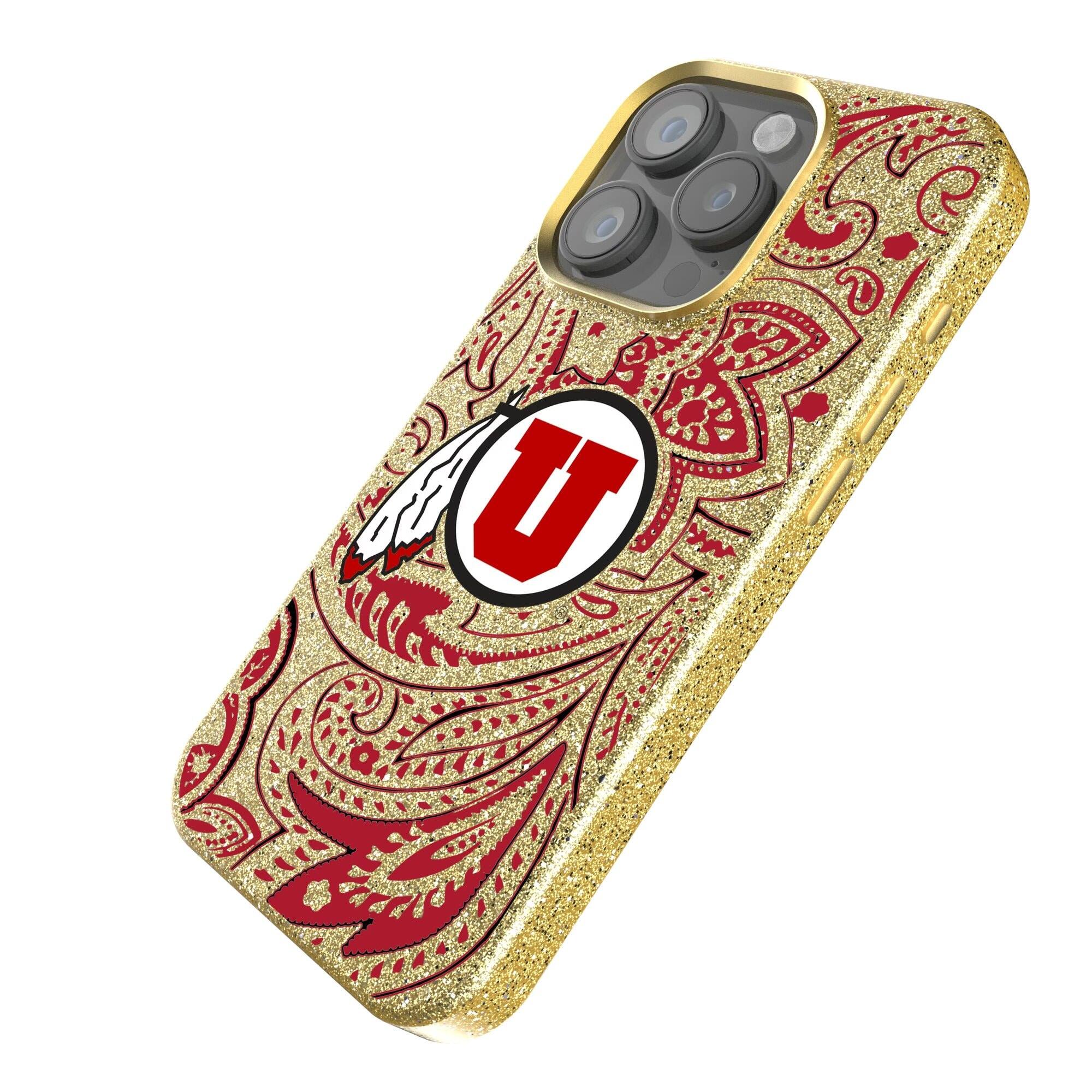 Alt View 1. Keyscaper - Utah Utes Paisley Bling iPhone Case - 14 Plus - Gold.