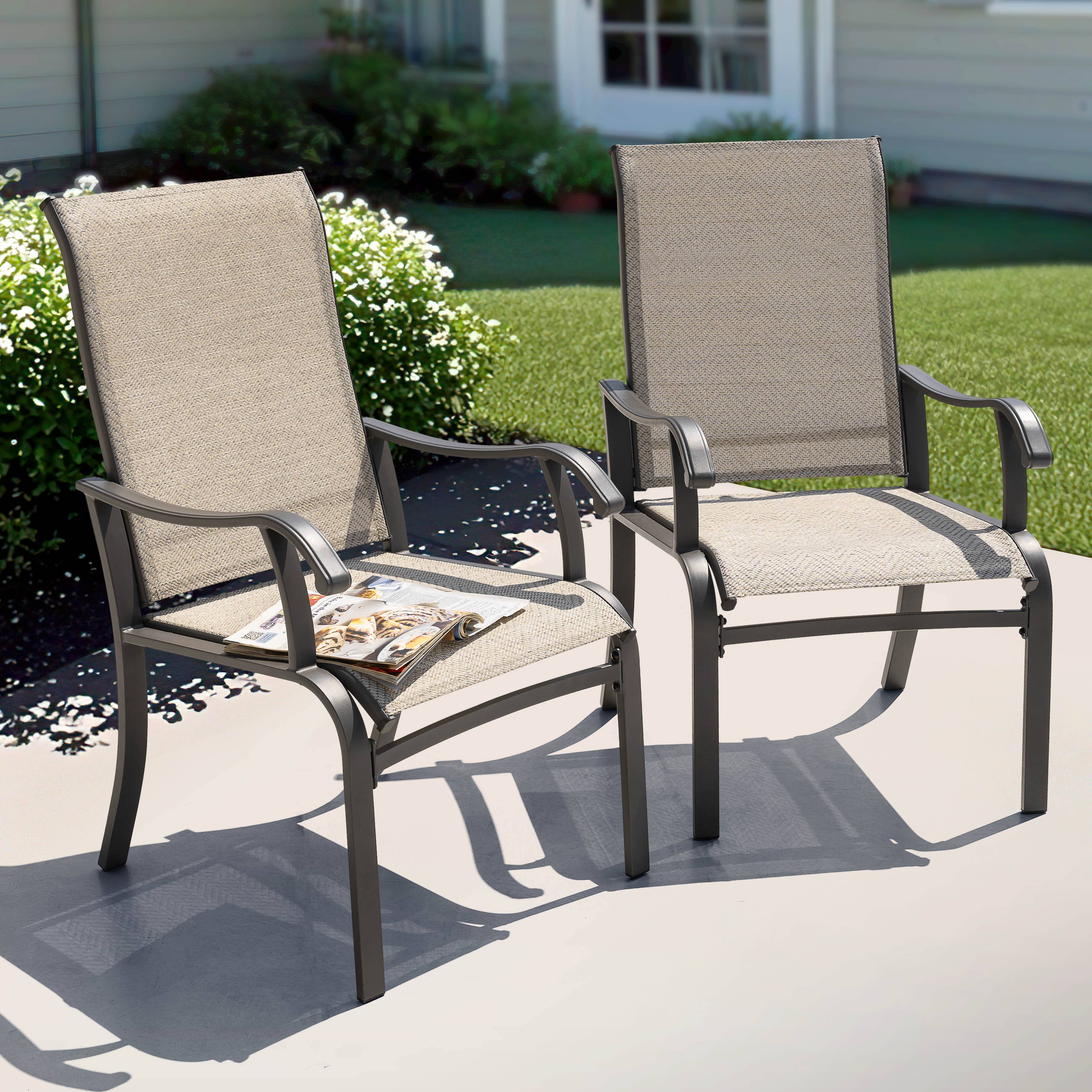 Left. Nuu Garden - Outdoor 2-Piece Textilene Dining Chairs with Ergonomic Design - chair seat-beige; chair frame-gray.
