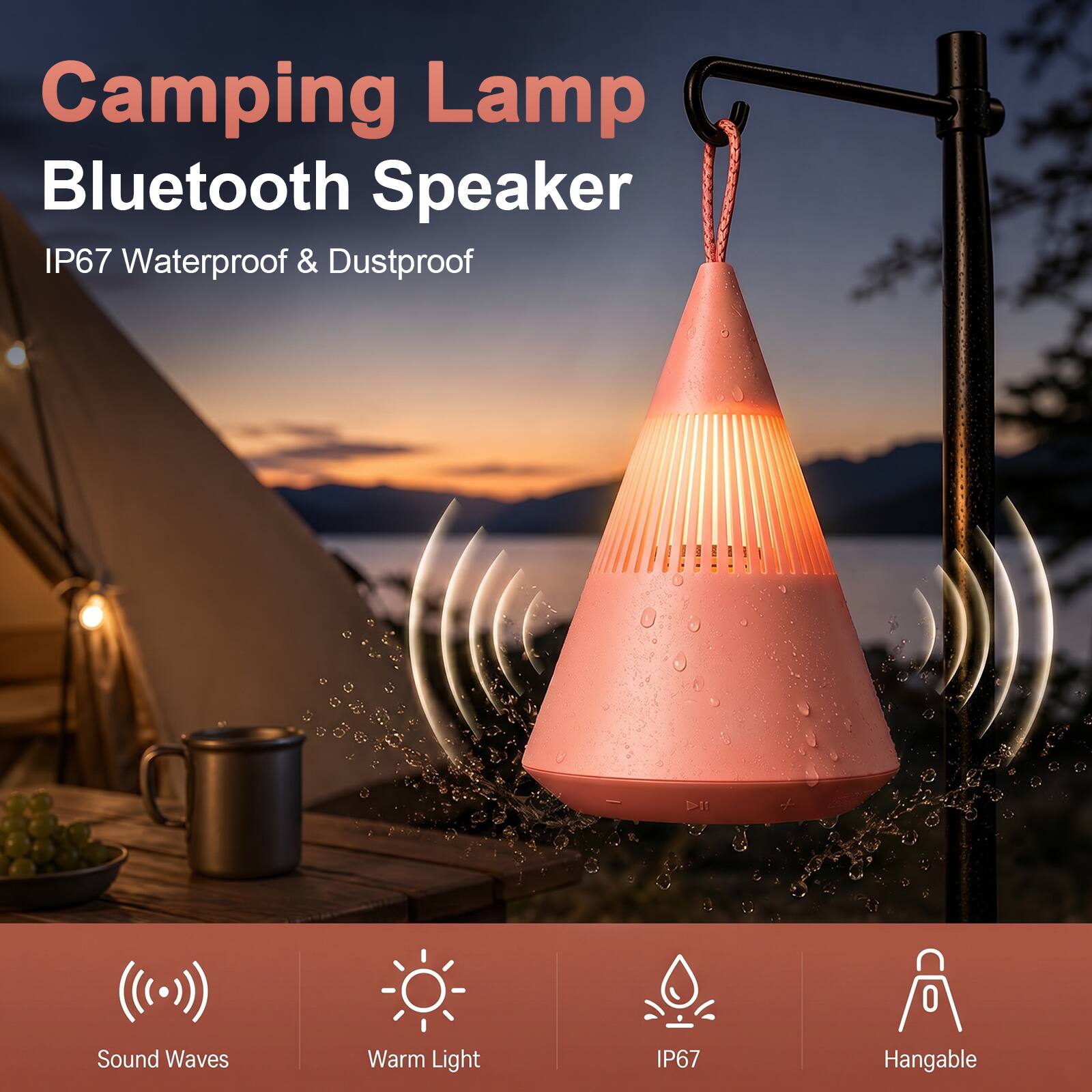 Camping Lamp Bluetooth Speaker  
IP67 Waterproof & Dustproof  

Sound Waves  
Warm Light  
IP67  
Hangable