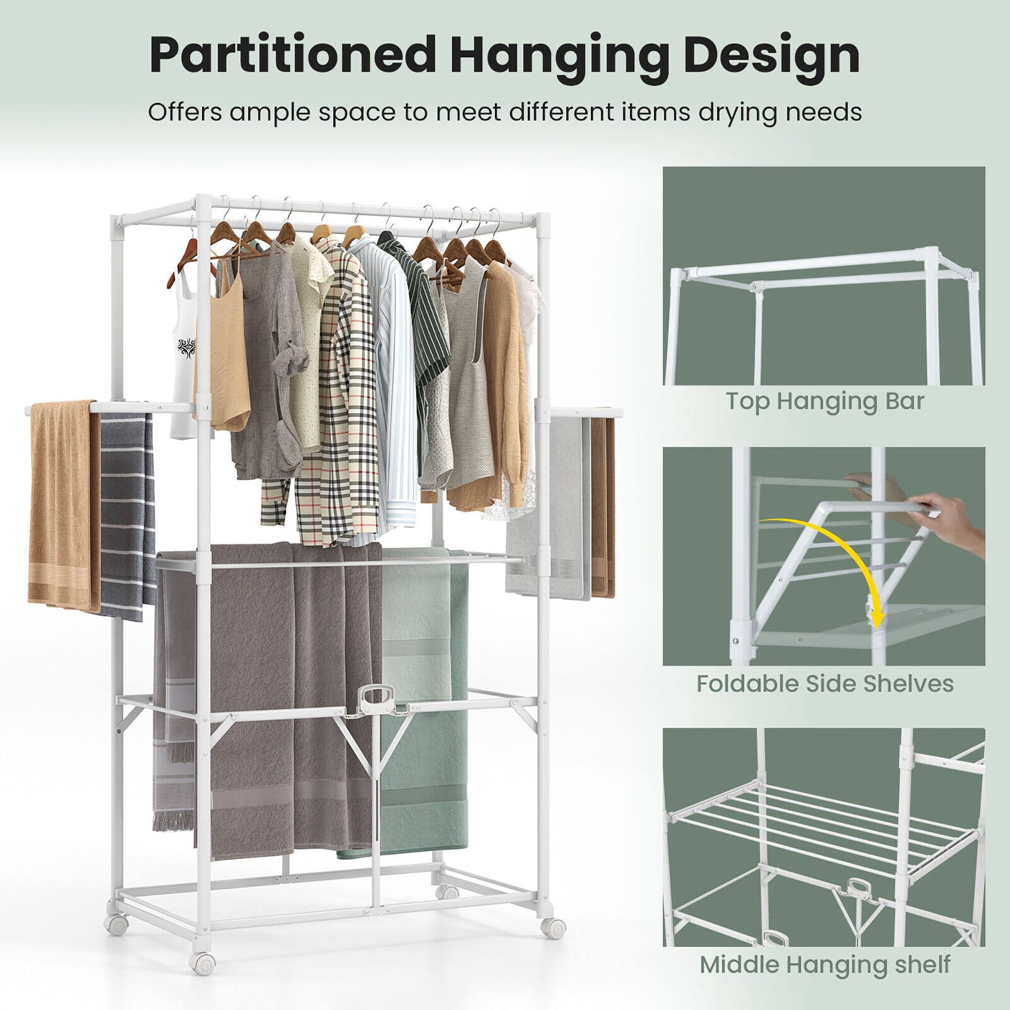 Partitioned Hanging Design  
Offers ample space to meet different items drying needs  

Top Hanging Bar  
Foldable Side Shelves  
Middle Hanging shelf