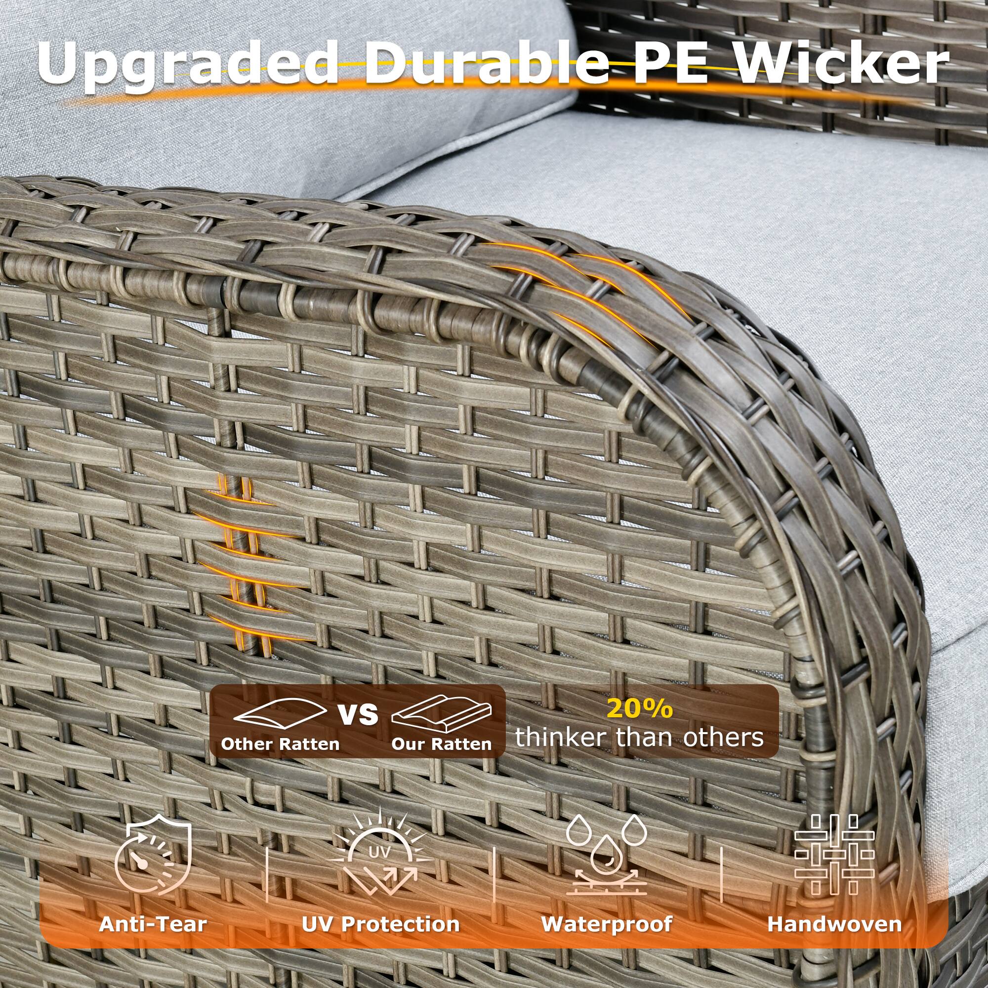 Upgraded Durable PE Wicker

VS

Other Ratten

Our Ratten

20% thicker than others

Anti-Tear

UV Protection

Waterproof

Handwoven