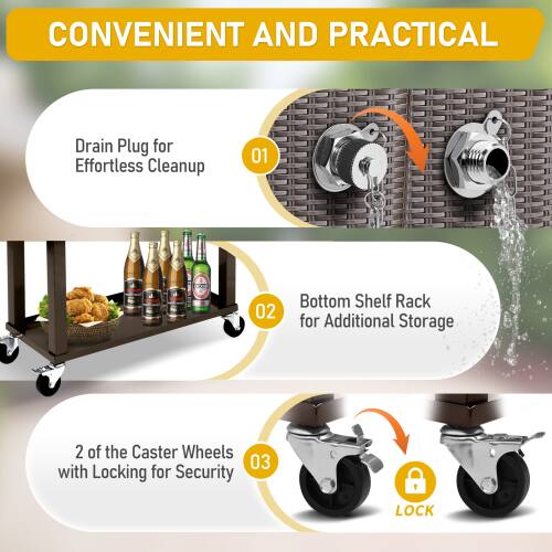CONVENIENT AND PRACTICAL

01 Drain Plug for Effortless Cleanup

02 Bottom Shelf Rack for Additional Storage

03 2 of the Caster Wheels with Locking for Security