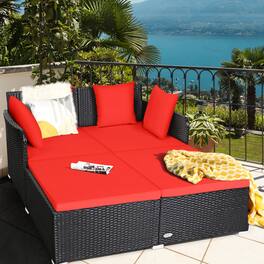 Gymax - Rattan Patio Daybed Loveseat Sofa Yard Outdoor w/ Cushions Pillows - Red
