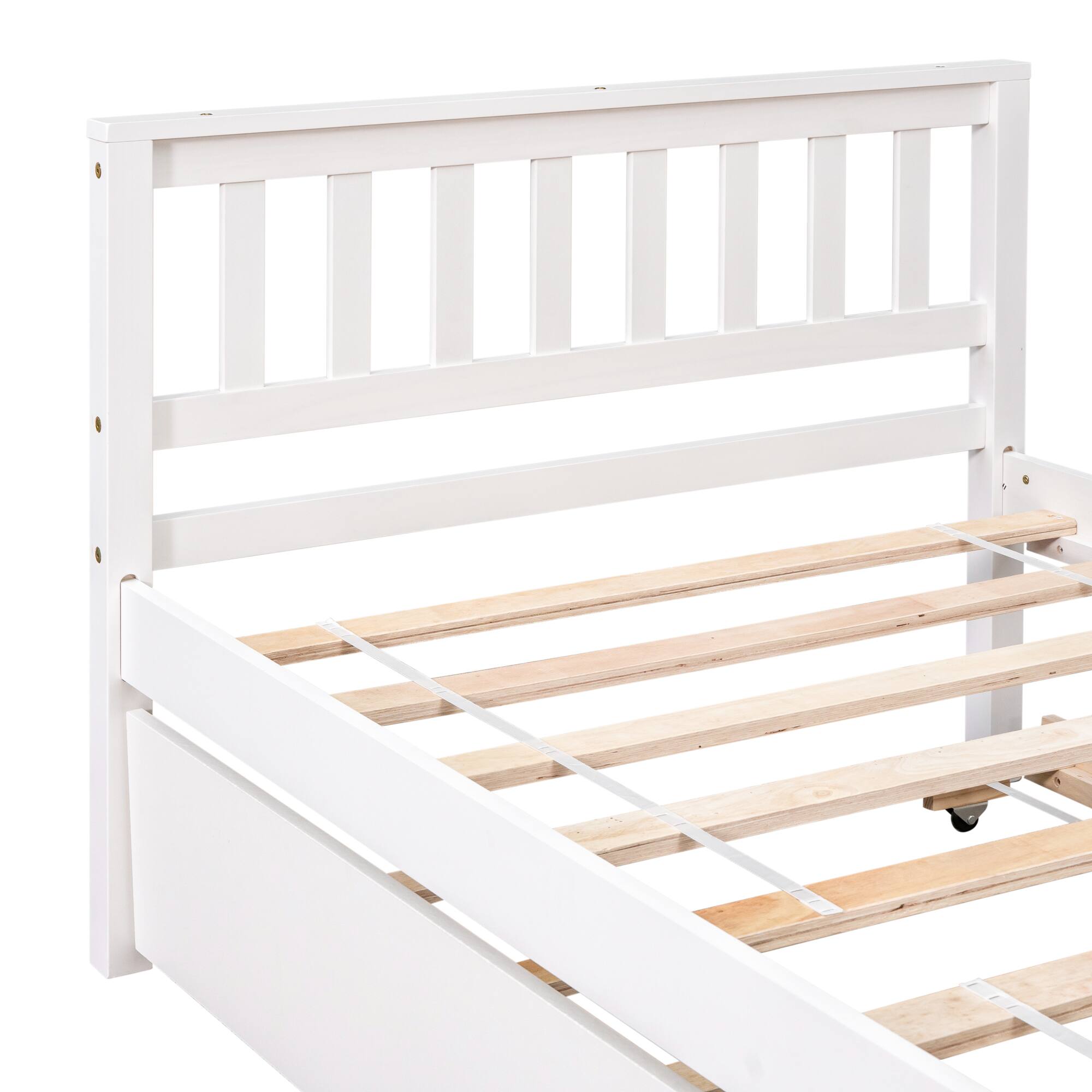 Back. GOODSILO - Space-Saving Twin Platform Bed Frame with Pull-Out Trundle and Headboard for Compact Living Areas - White.