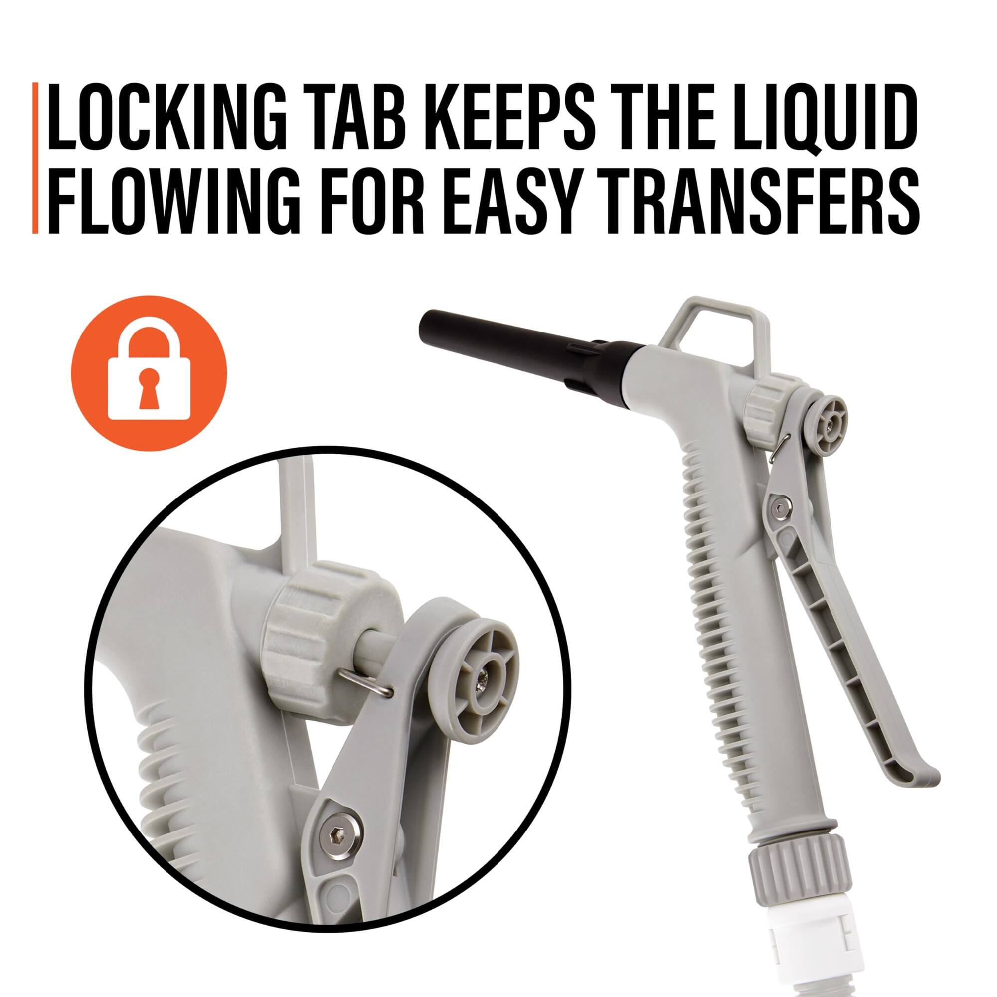 LOCKING TAB KEEPS THE LIQUID FLOWING FOR EASY TRANSFERS