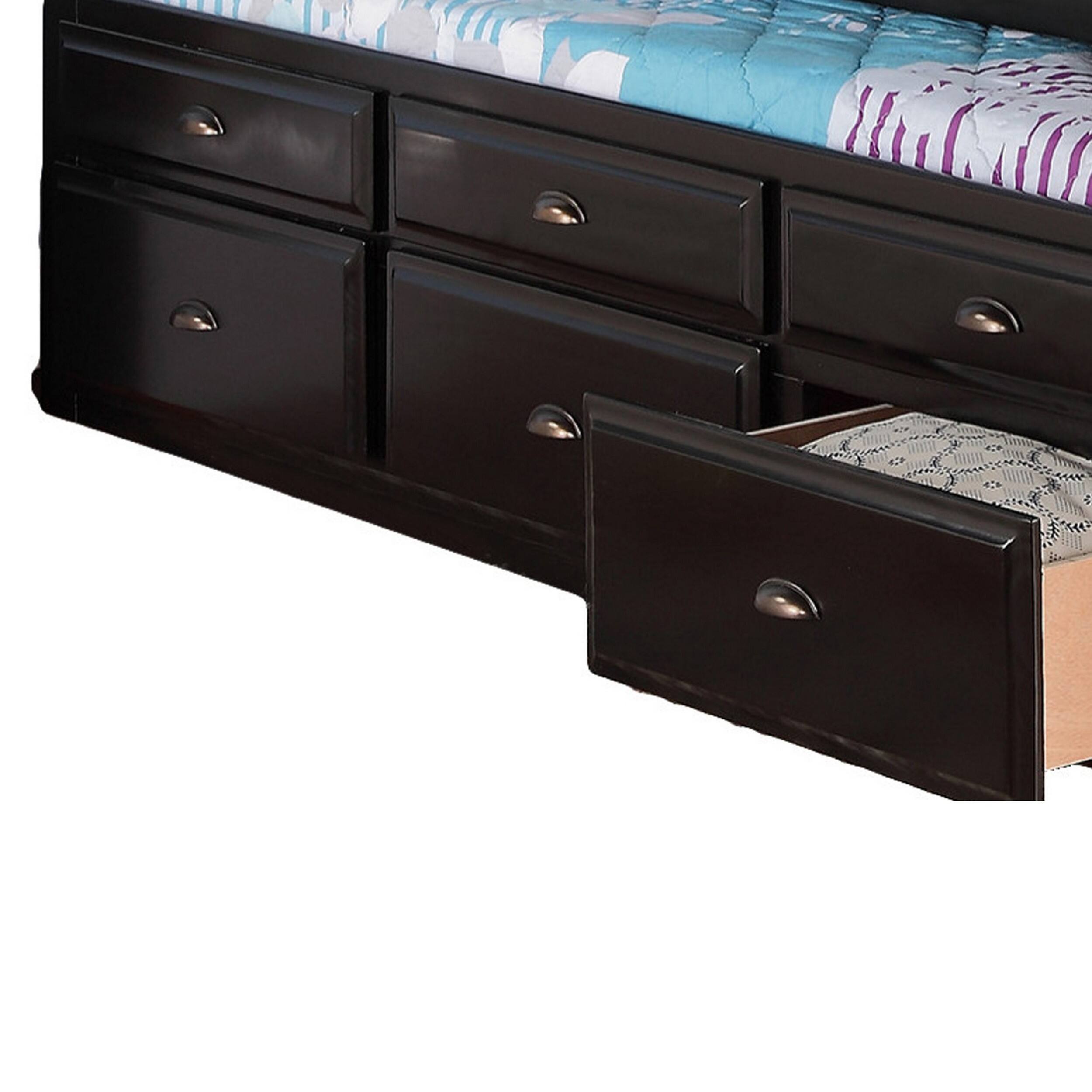 Alt View 2. Manhattan Lane - Toni Twin Size Trundle Bed with 6 Drawers, Bookcase Headboard, Black Wood - Black.