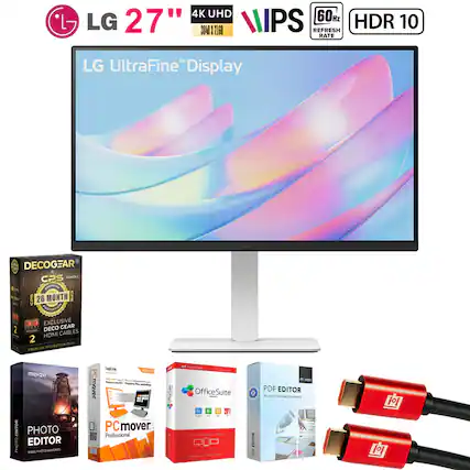 LG 27" 4K UHD 3840 x 2160 IPS 60Hz HDR 10 LG UltraFine Display
- DECOGEAR CPS BUNDLE
- 26 MONTH EXCLUSIVE
- 2 HDMI CABLES
- PHOTO EDITOR
- PCmover Professional
- OfficeSuite
- PDF EDITOR
Professional Office Suite + PCmover Professional + PDF EDITOR