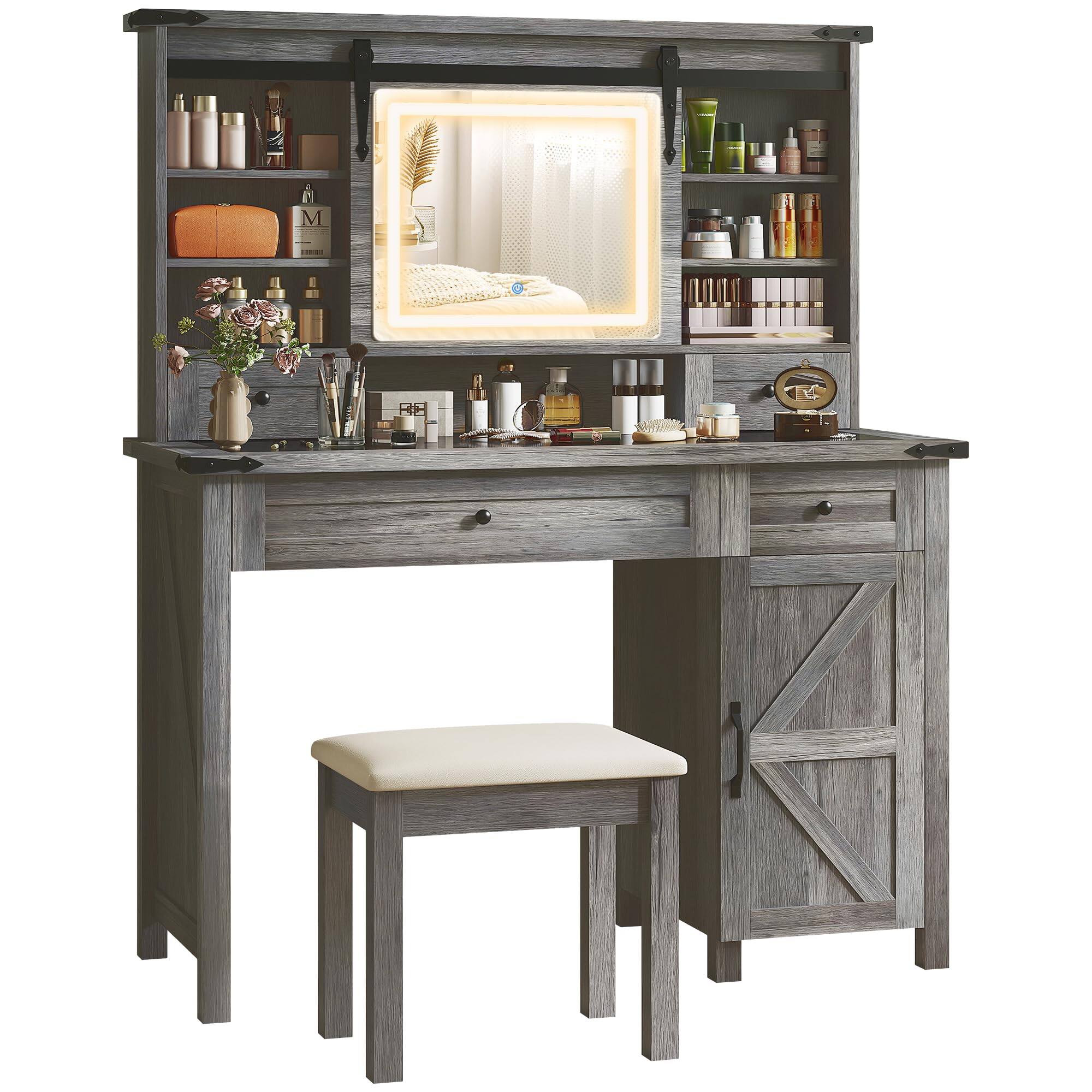 Front. TECH SAFARI - Farmhouse Vanity Desk With Mirror Led Lights Makeup Table Inch Glass Tabletop Cushioned Stool Drawers She - Grey.