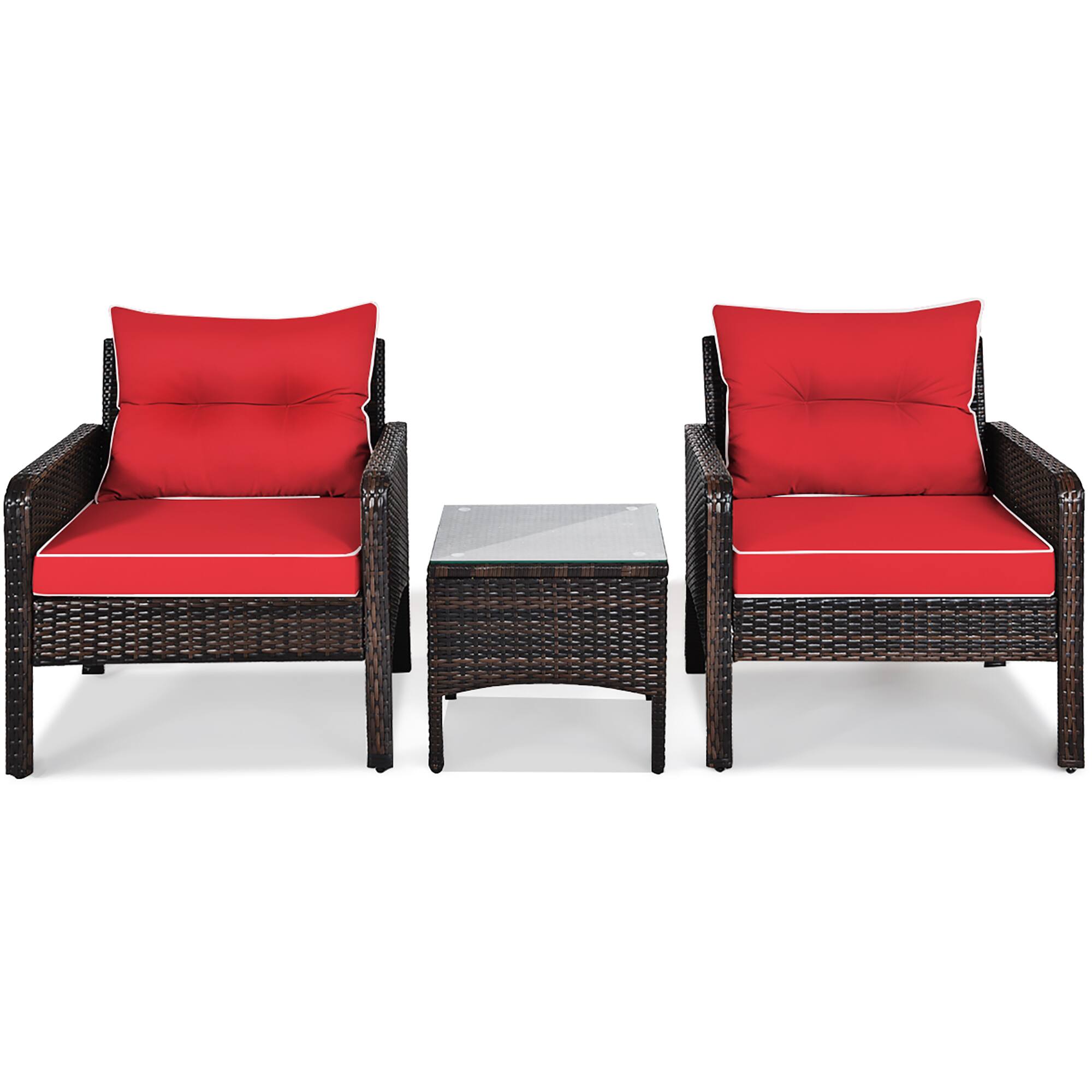 Angle. Costway - 3PCS Outdoor Rattan Conversation Set Patio Furniture Cushioned Sofa Chair - Red.