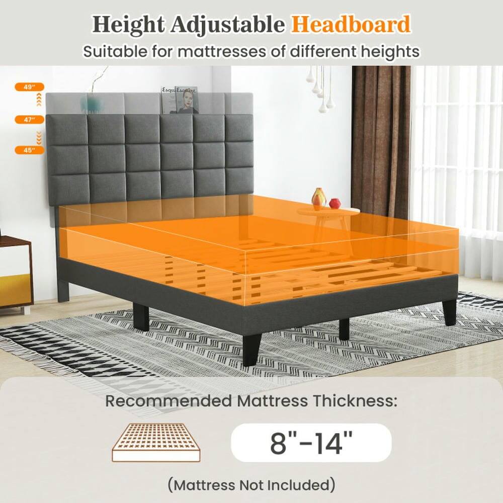 Height Adjustable Headboard  
Suitable for mattresses of different heights  

Recommended Mattress Thickness: 8"–14" (Mattress Not Included)