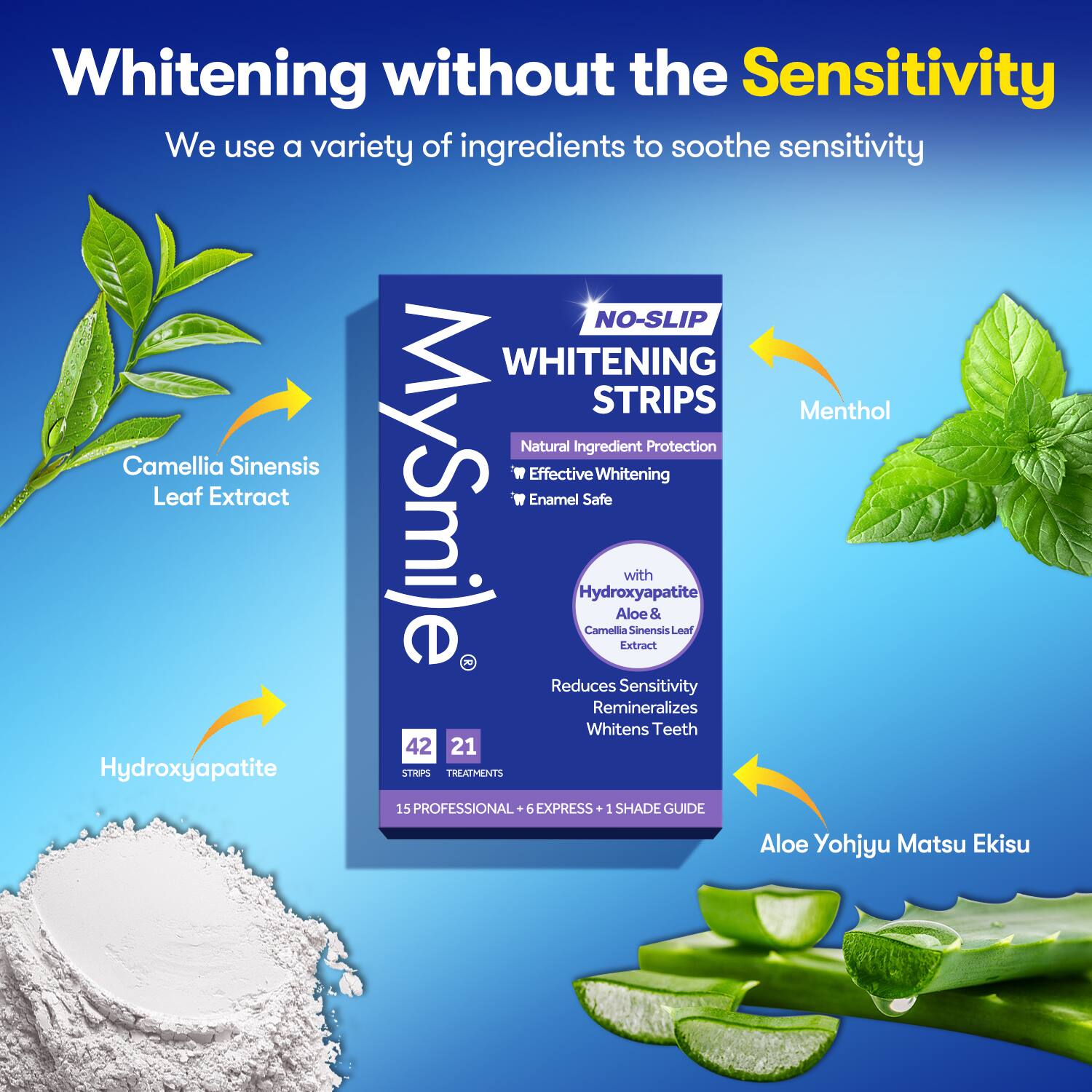 Whitening without the Sensitivity

We use a variety of ingredients to soothe sensitivity

NO-SLIP WHITENING STRIPS

Menthol

Natural Ingredient Protection

Camellia Sinensis

Effective Whitening

Leaf Extract

MySmile

Hydroxyapatite

Enamel Safe

Camellia Sinensis & Leaf

Reduces Sensitivity

Remineralizes

Whitens Teeth

42 STRIPS

21 TREATMENTS

15 PROFESSIONAL

6 EXPRESS

1 SHADE GUIDE

Aloe Yohjyu Matsu Ekisu