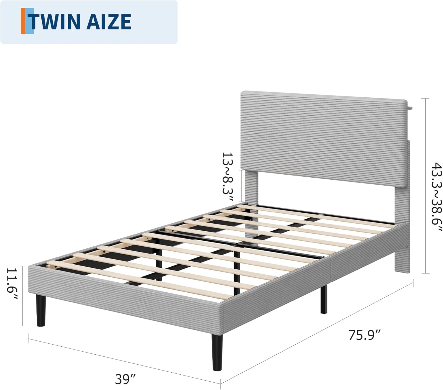 TWIN AIZE  
11.6"  
13~8.3"  
43.3~38.6"  
75.9"  
39"