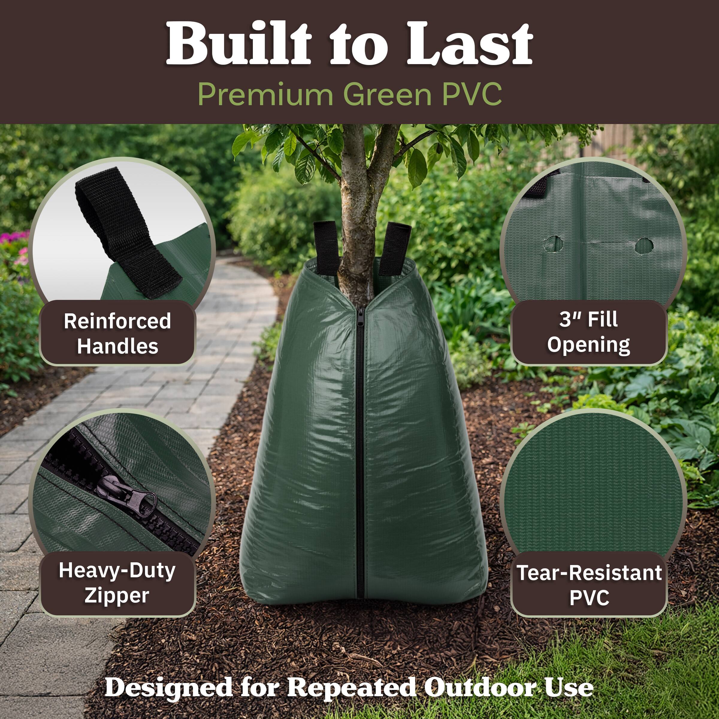 Built to Last  
Premium Green PVC  

Reinforced Handles  
3" Fill Opening  
Heavy-Duty Zipper  
Tear-Resistant PVC  

Designed for Repeated Outdoor Use
