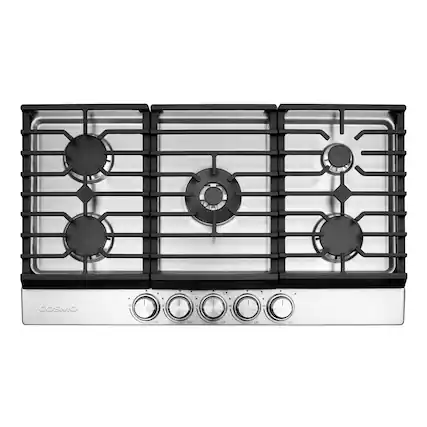 Front. COSMO - COS-CTGH365SS 36 in. Haven Collection Drop-in Gas Cooktop with 5 Sealed Burners, Cast Iron Grates - Stainless Steel.