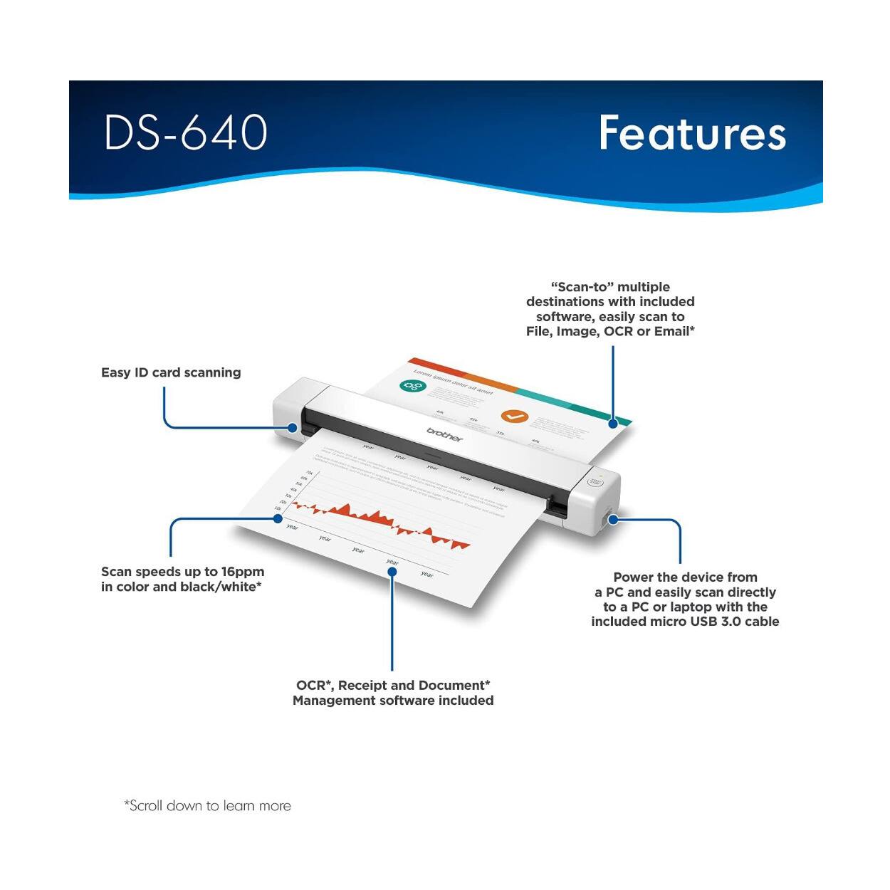 DS-640 Features

- "Scan-to" multiple destinations with included software, easily scan to File, Image, OCR or Email*
- Easy ID card scanning
- Scan speeds up to 16ppm in color and black/white*
- Power the device from a PC and easily scan directly to a PC or laptop with the included micro USB 3.0 cable
- OCR*, Receipt and Document Management software included

*Scroll down to learn more