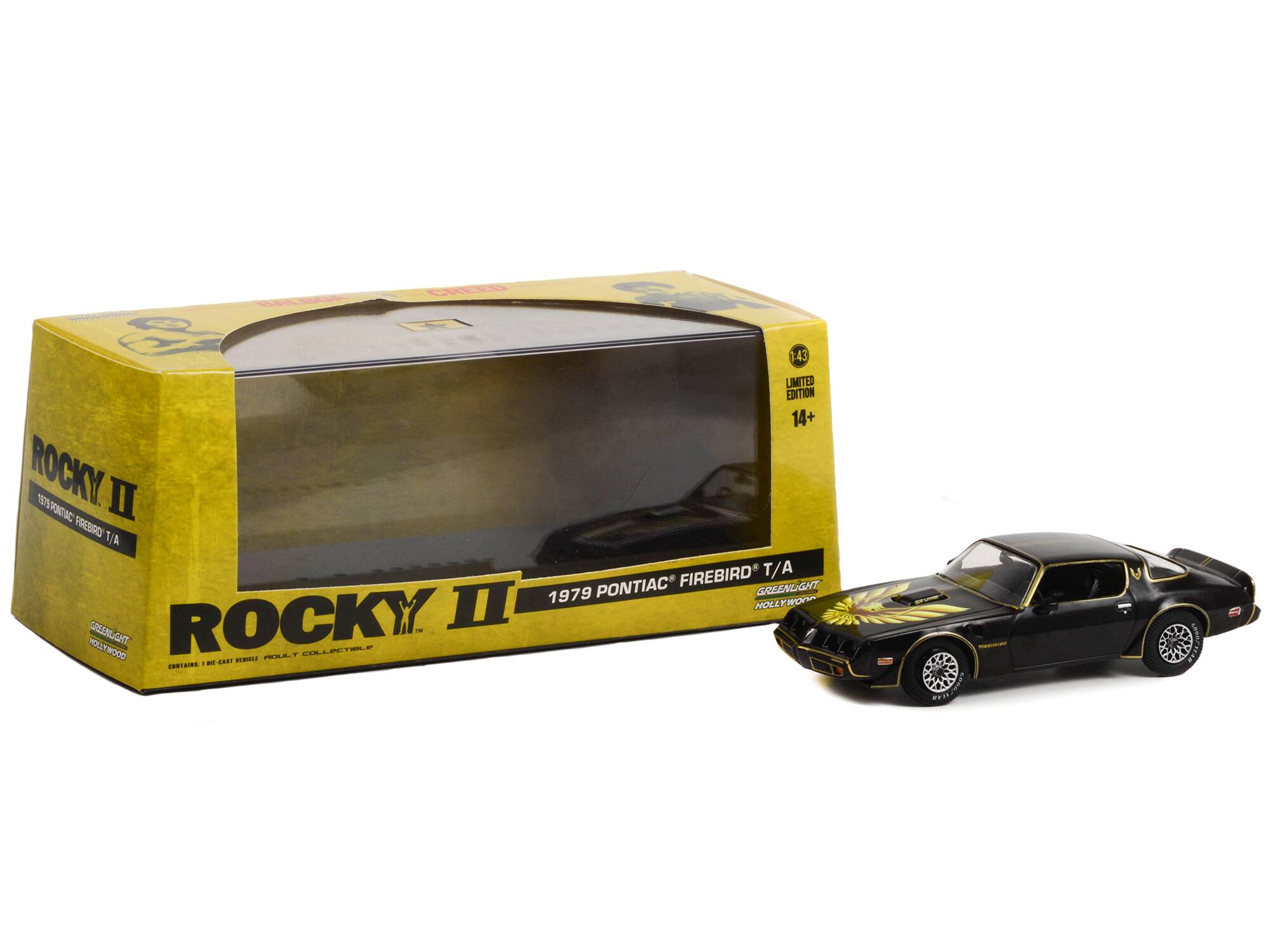 43 LIMITED EDITION 14+  
ROCKY II  
1979 PONTIAC FIREBIRD T/A  
GREENLIGHT HOLLYWOOD  
INCLUDES: 1:64 SCALE VEHICLE, PRODUCT COLLECTIBLE