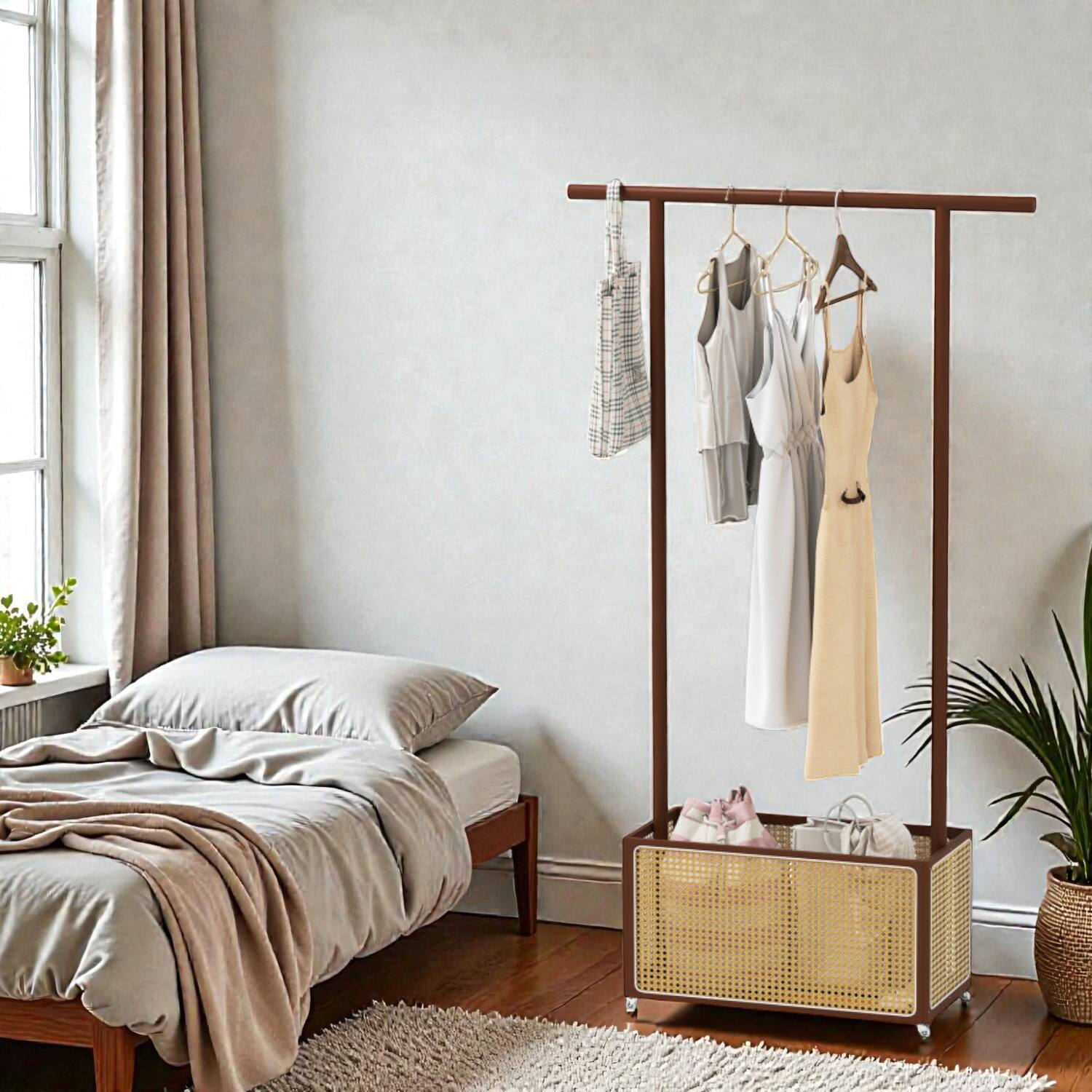 Front. Hivvago - Rolling Bamboo Garment Stand with Woven Rattan Storage Bin - Brown.