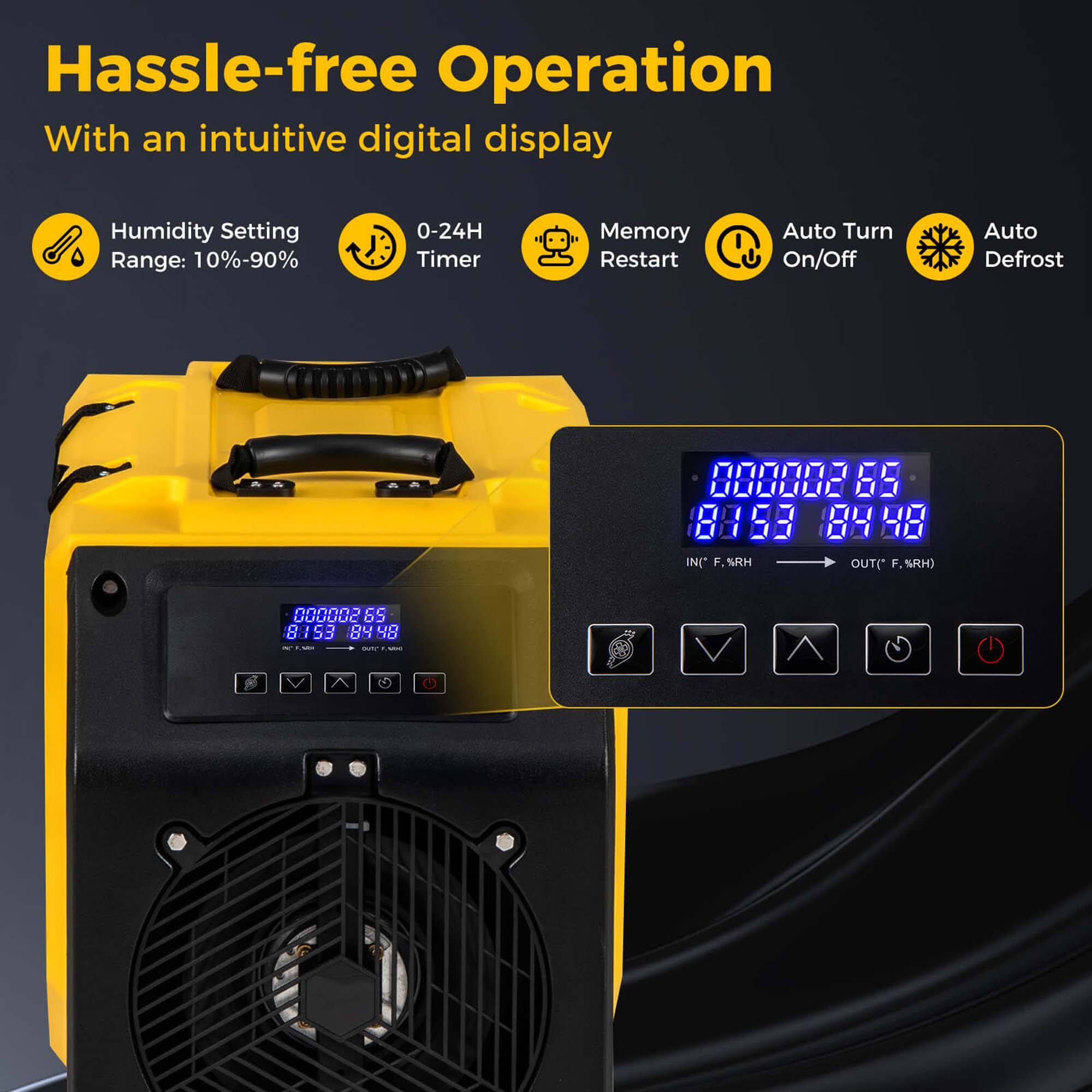 Hassle-free Operation With an intuitive digital display Humidity Setting Range: 10%-90% 0-24H Timer Memory Restart Auto Turn On/Off Auto Defrost