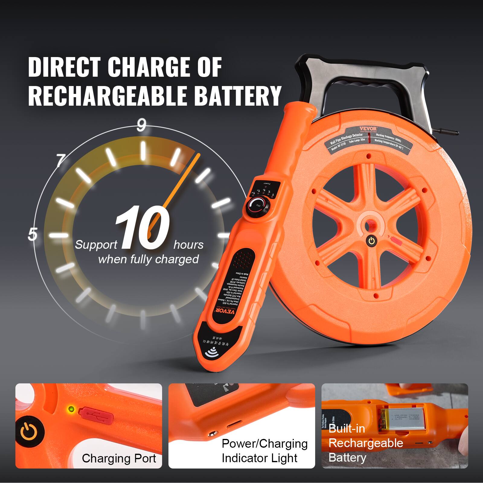DIRECT CHARGE OF RECHARGEABLE BATTERY

Support 10 hours when fully charged

- Charging Port
- Power/Charging Indicator Light
- Built-in Rechargeable Battery