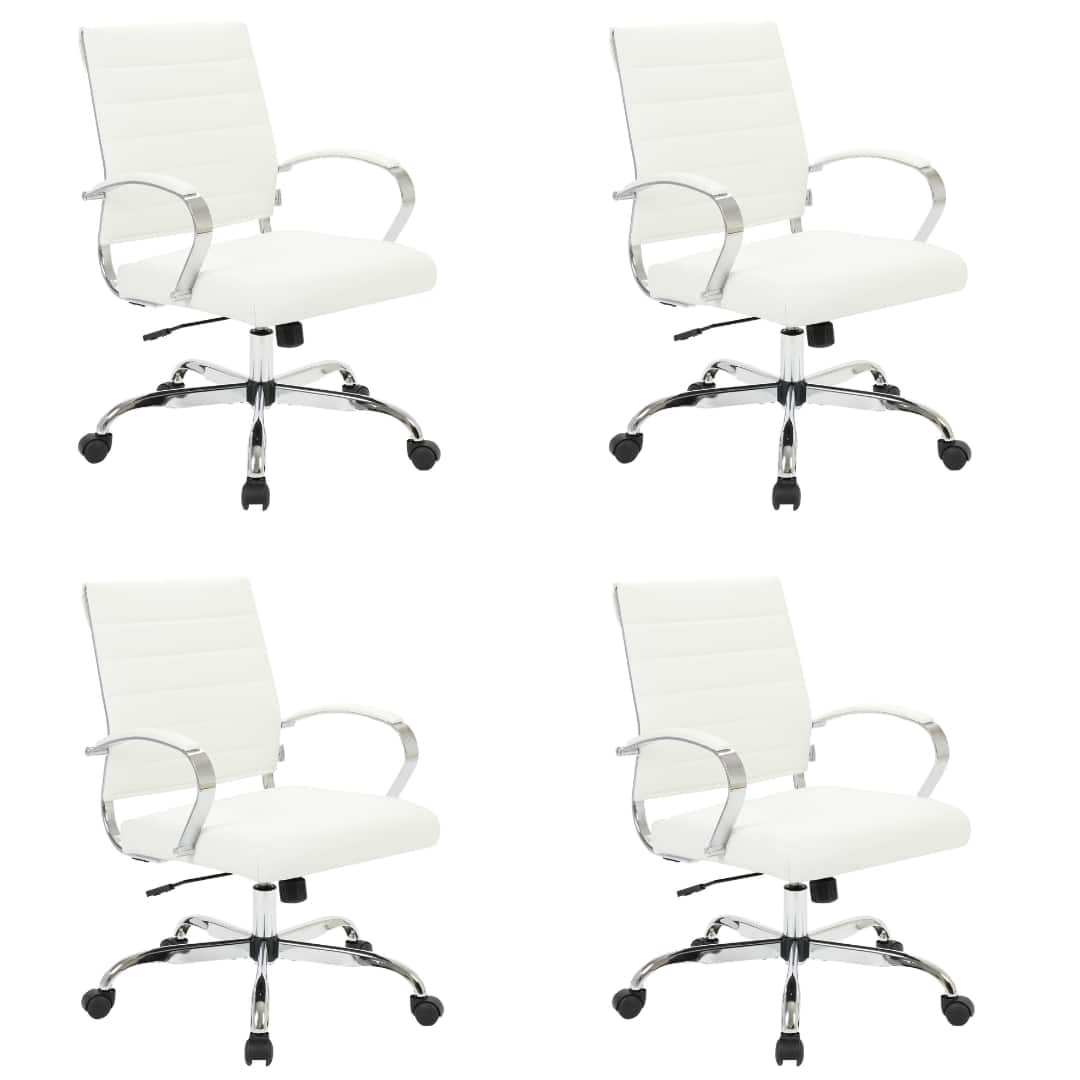 LeisureMod - Set of 4 Benmar Modern Leather Upholstered Swivel Office Chair with Ribbed Seat and Steel Frame - White