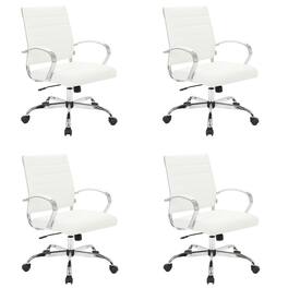 LeisureMod - Set of 4 Benmar Modern Leather Upholstered Swivel Office Chair with Ribbed Seat and Steel Frame - White