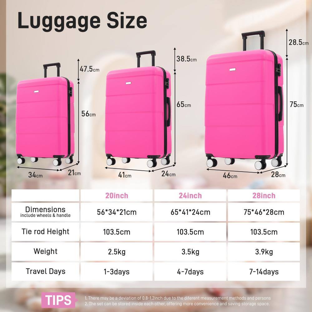 Luggage Size

20inch
- Dimensions (include wheels & handle): 56*34*21cm
- Tie rod Height: 103.5cm
- Weight: 2.5kg
- Travel Days: 1-3days

24inch
- Dimensions (include wheels & handle): 65*41*24cm
- Tie rod Height: 103.5cm
- Weight: 3.5kg
- Travel Days: 4-7days

28inch
- Dimensions (include wheels & handle): 75*46*28cm
- Tie rod Height: 103.5cm
- Weight: 3.9kg
- Travel Days: 7-14days

TIPS
1. There may be a deviation of 0.8-1.2inch due to the different measurement methods and persons.
2. The set can be stored inside each other, offering more convenience and saving storage space.