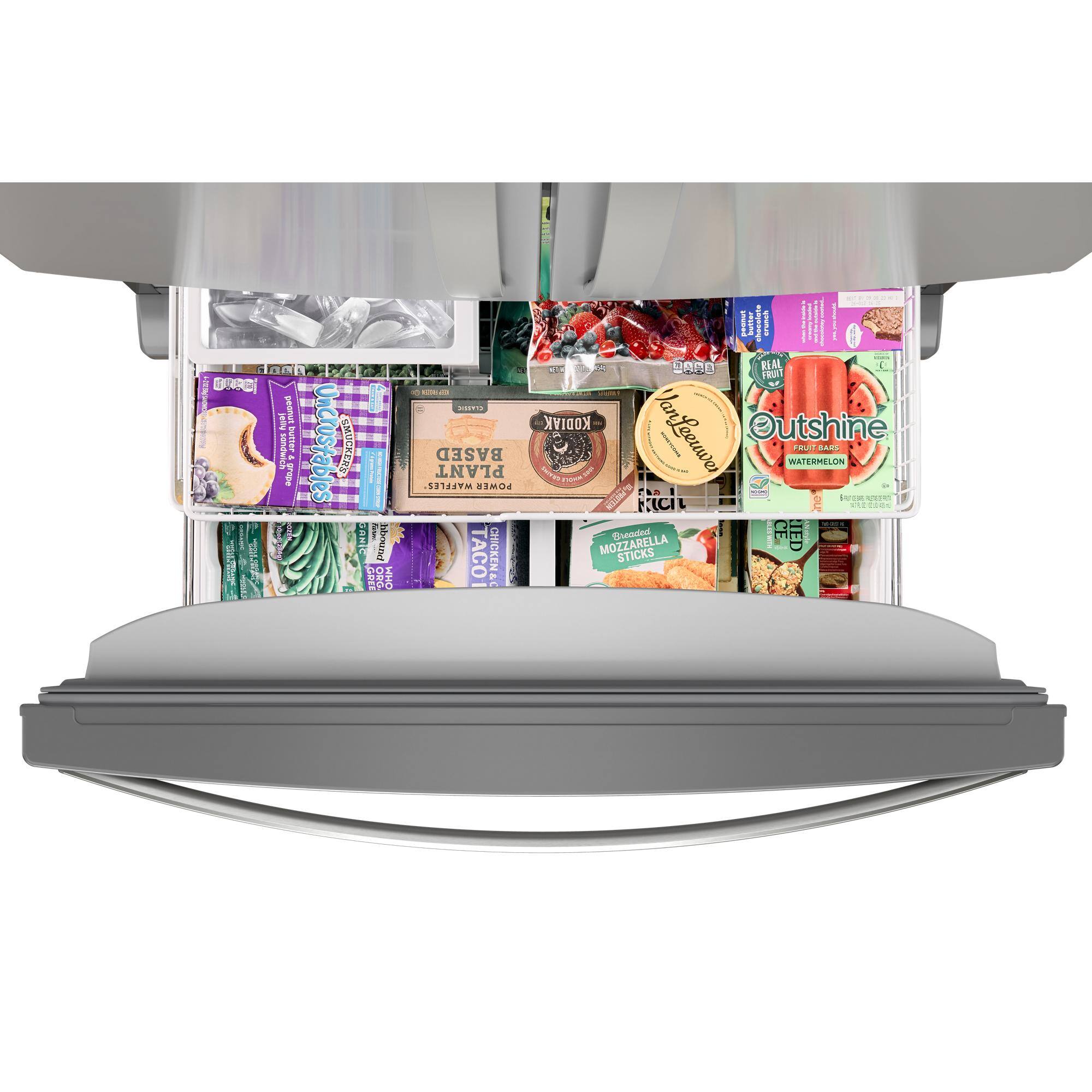 The image features a display case with a variety of food items, including snacks and drinks. There are several bottles of drinks, such as water and juice, as well as snacks like chips and cookies. The display case is organized with different sections for each type of food, making it easy for customers to find what they are looking for. The variety of items in the display case caters to different tastes and preferences, offering a diverse selection for customers to choose from.