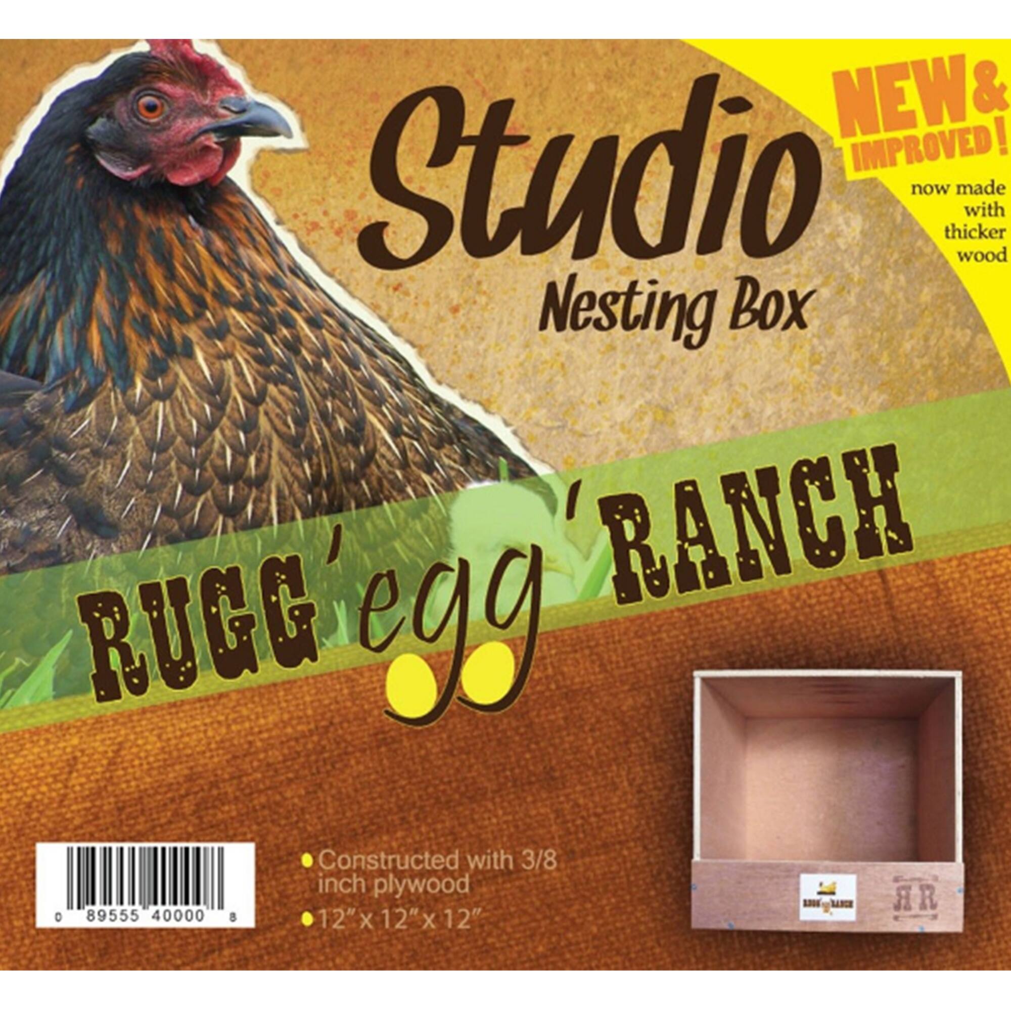 NEW & IMPROVED! now made with thicker wood  
Studio Nesting Box  
RUGG'egg RANCH  
Constructed with 3/8 inch plywood  
12" x 12" x 12"  
HR 0 89555 40000 8