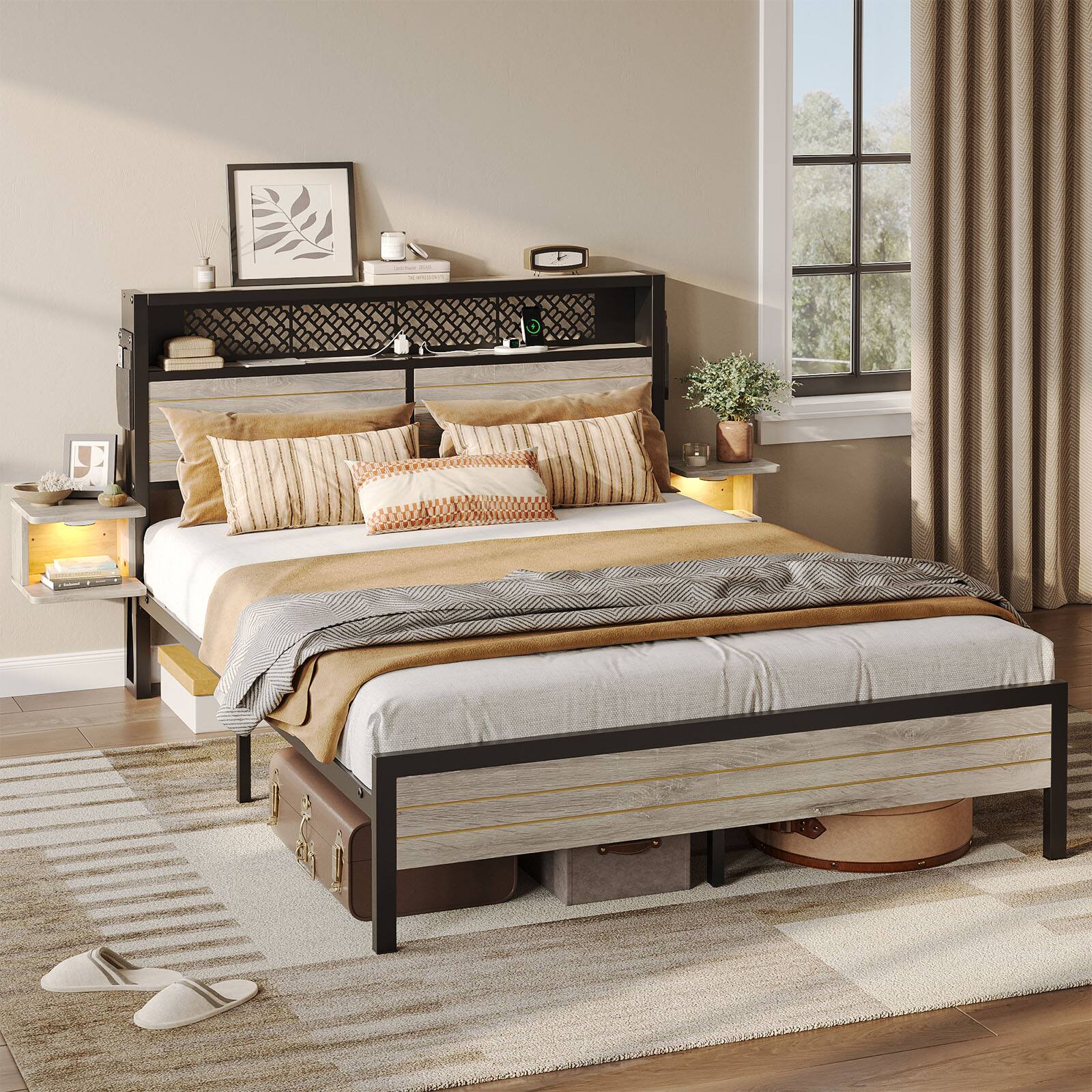 Alt View 5. Bestier - Bestier Queen Gaming Bed Frame Golden Stripe Headboard LED Nightstands with Charging Station - Gray.