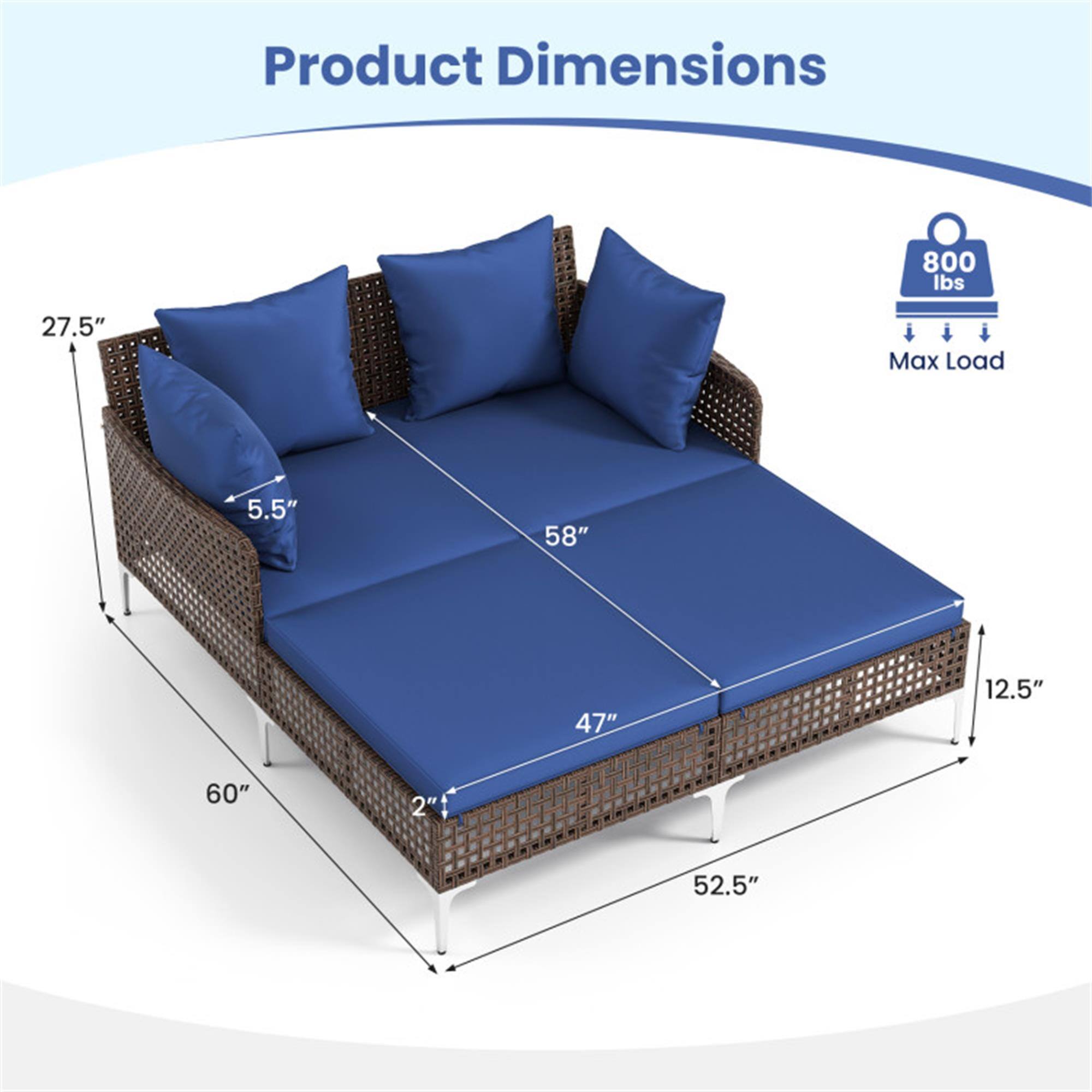 Product Dimensions:  
- 800 lbs Max Load  
- 58"  
- 47"  
- 12.5"  
- 60"  
- 27.5"  
- 5.5"  
- 52.5"