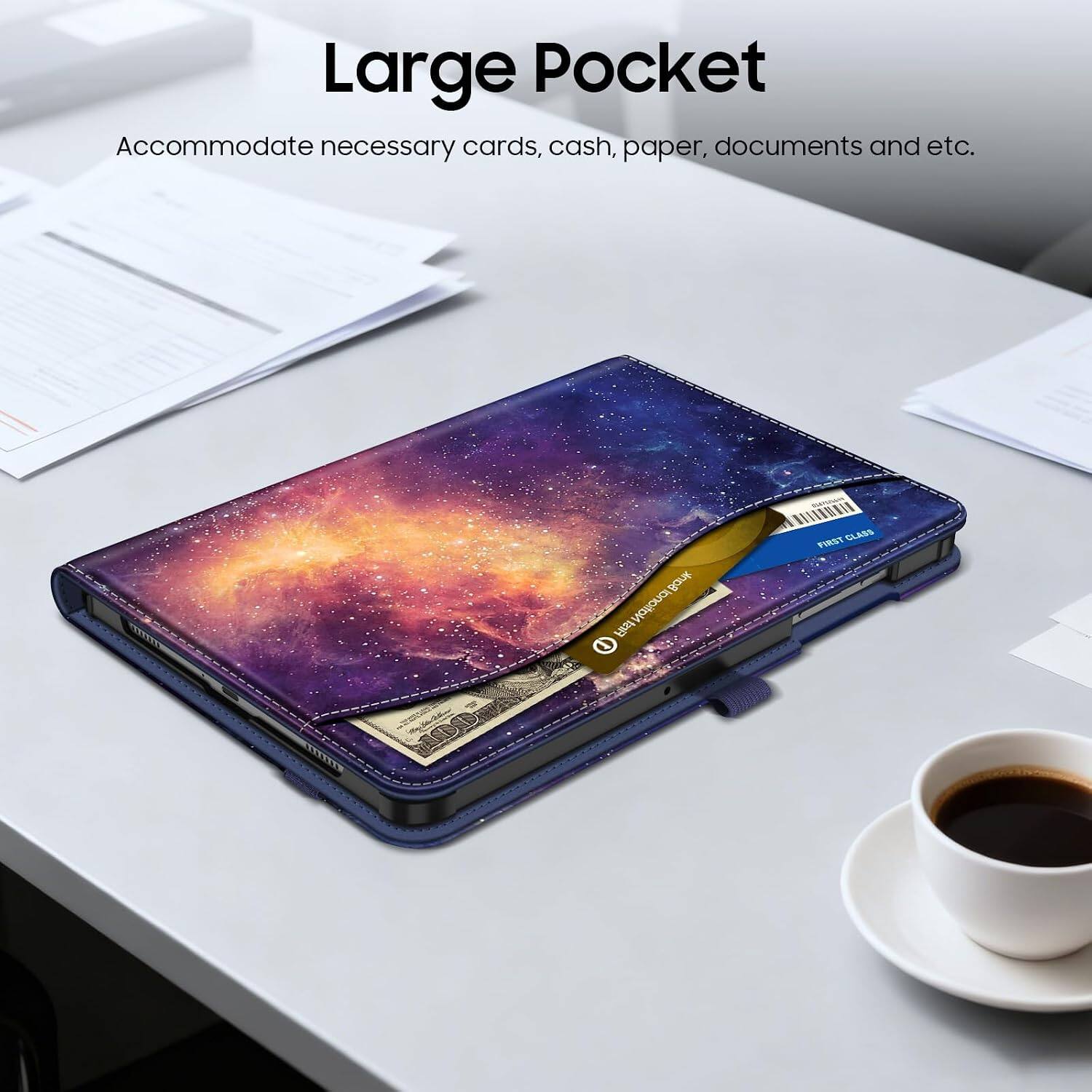 Large Pocket  
Accommodate necessary cards, cash, paper, documents and etc.