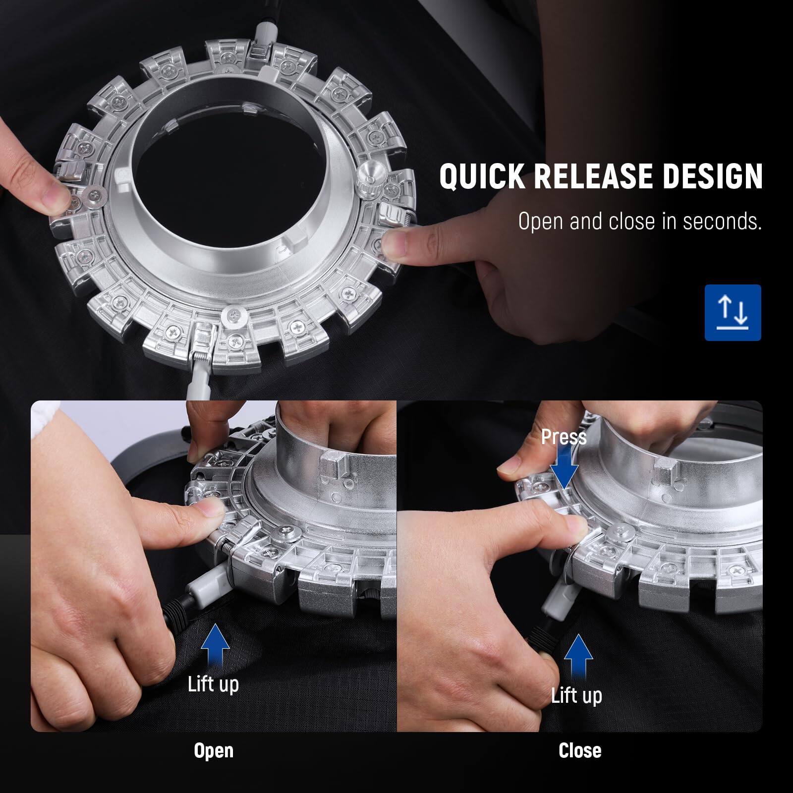 QUICK RELEASE DESIGN  
Open and close in seconds.  

Press  
Lift up  
Open  

Press  
Lift up  
Close