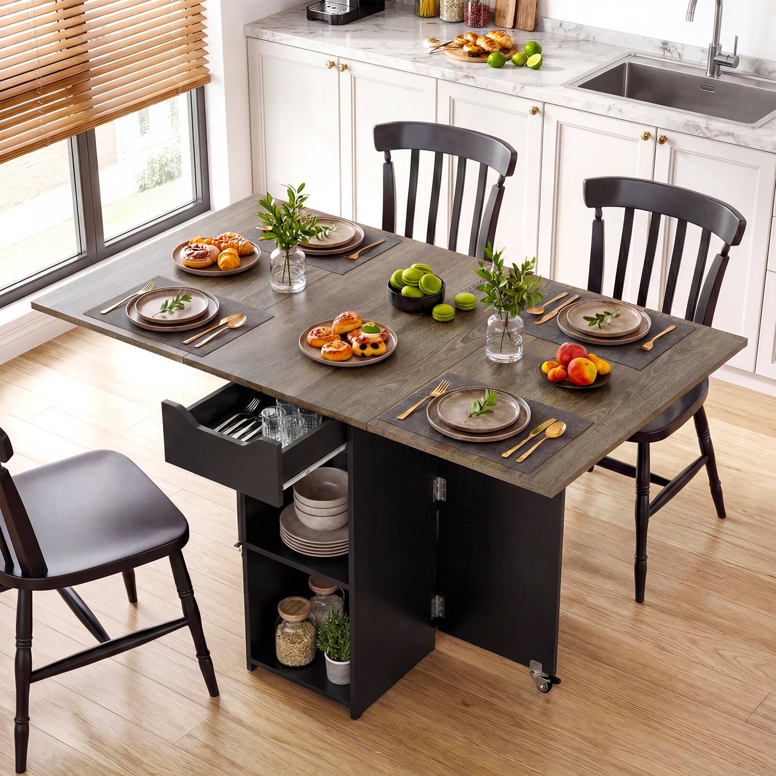 Alt View 3. Gymax - Gymax Folding Dining Table for 2-4 w/2 Open Shelves Drawer 2 Lockable Universal Wheels - Gray.
