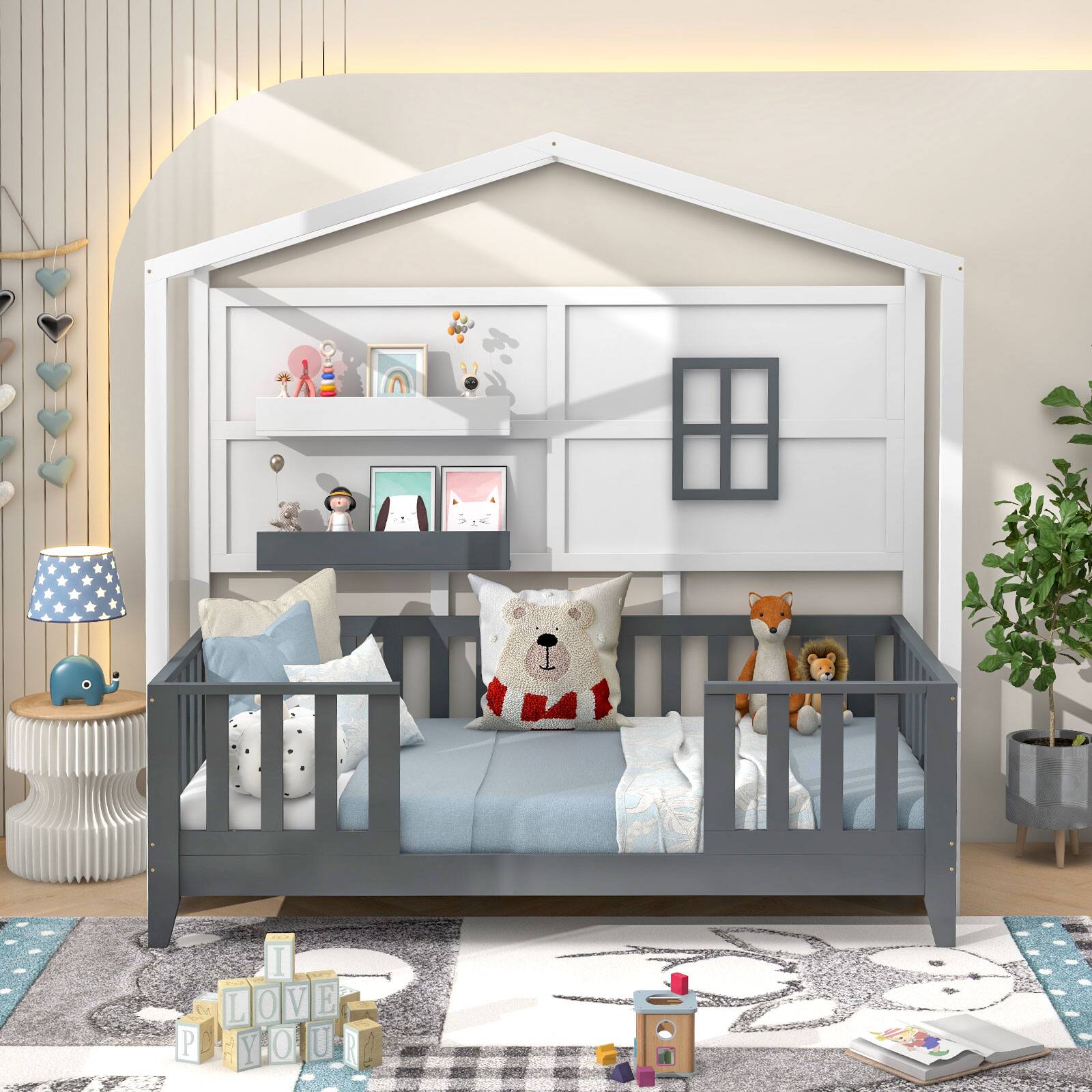 Alt View 4. Costway - Costway Twin Size Kids House Bed with Fence Window Wooden Slats & 2 Storage Shelves - White,Gray.