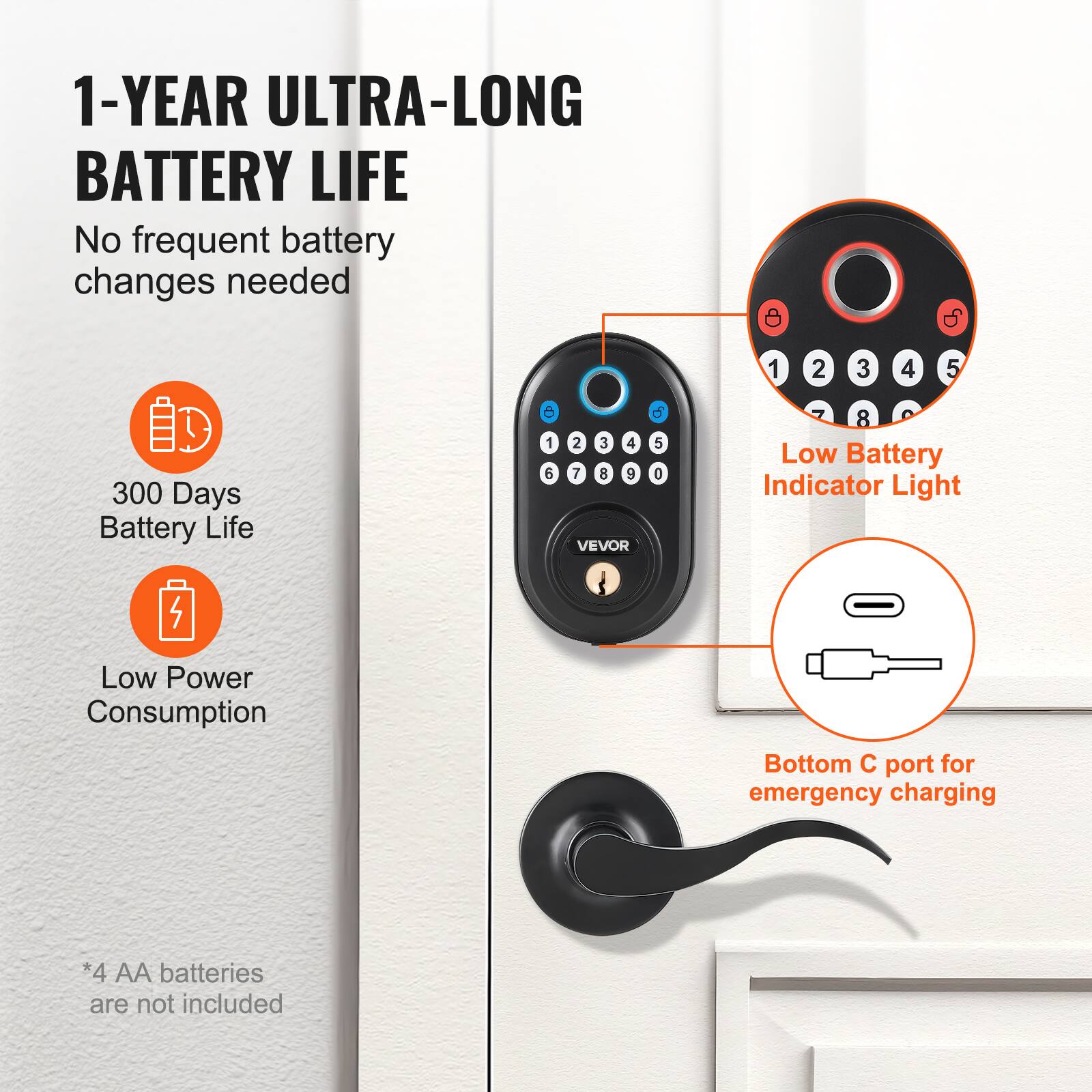 1-YEAR ULTRA-LONG BATTERY LIFE  
No frequent battery changes needed  

300 Days Battery Life  
Low Power Consumption  

Low Battery Indicator Light  
Bottom C port for emergency charging  

*4 AA batteries are not included