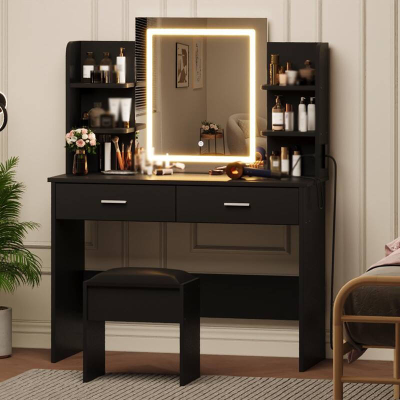 Alt View 3. Qeetex - Vanity Table with Mirror and Lights, Makeup Desk with 2 Drawers, 6 Shelves, Power Outlets for Bedroom - Black.