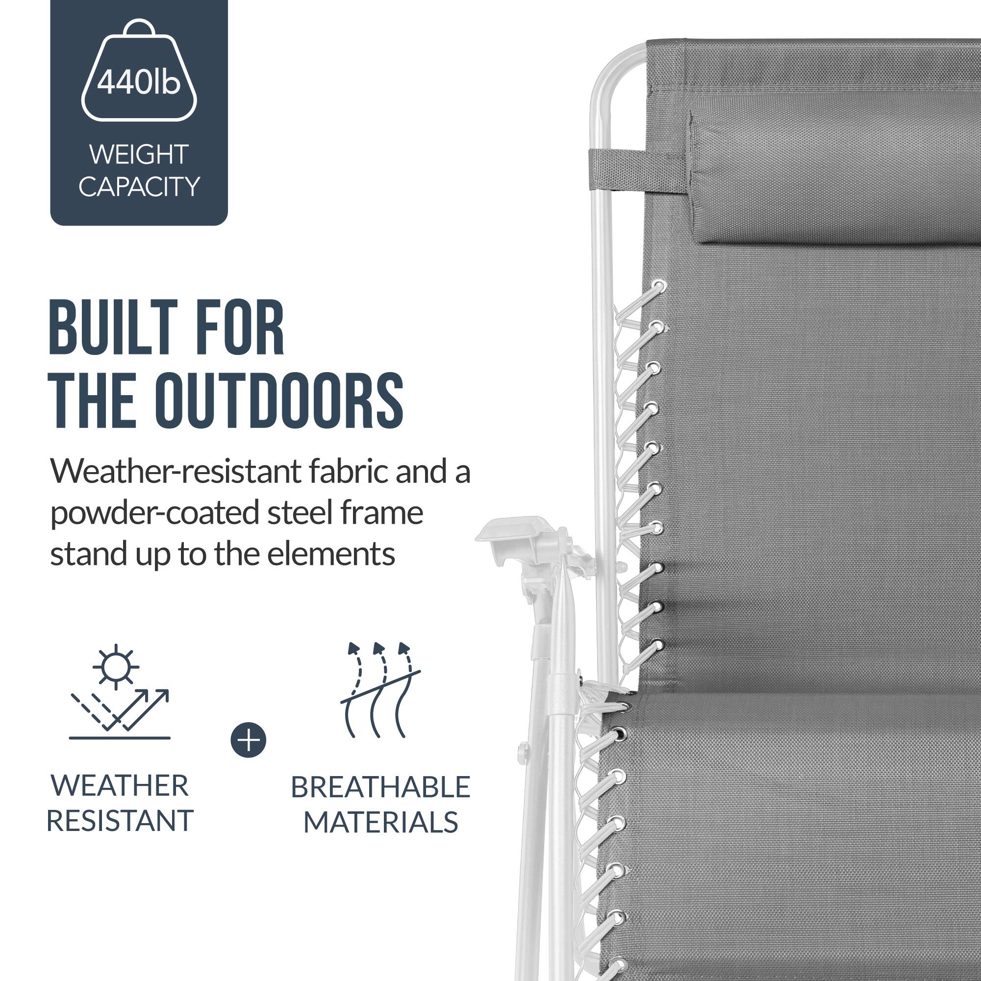 440lb WEIGHT CAPACITY  
BUILT FOR THE OUTDOORS  
Weather-resistant fabric and a powder-coated steel frame stand up to the elements  
WEATHER RESISTANT + BREATHABLE MATERIALS