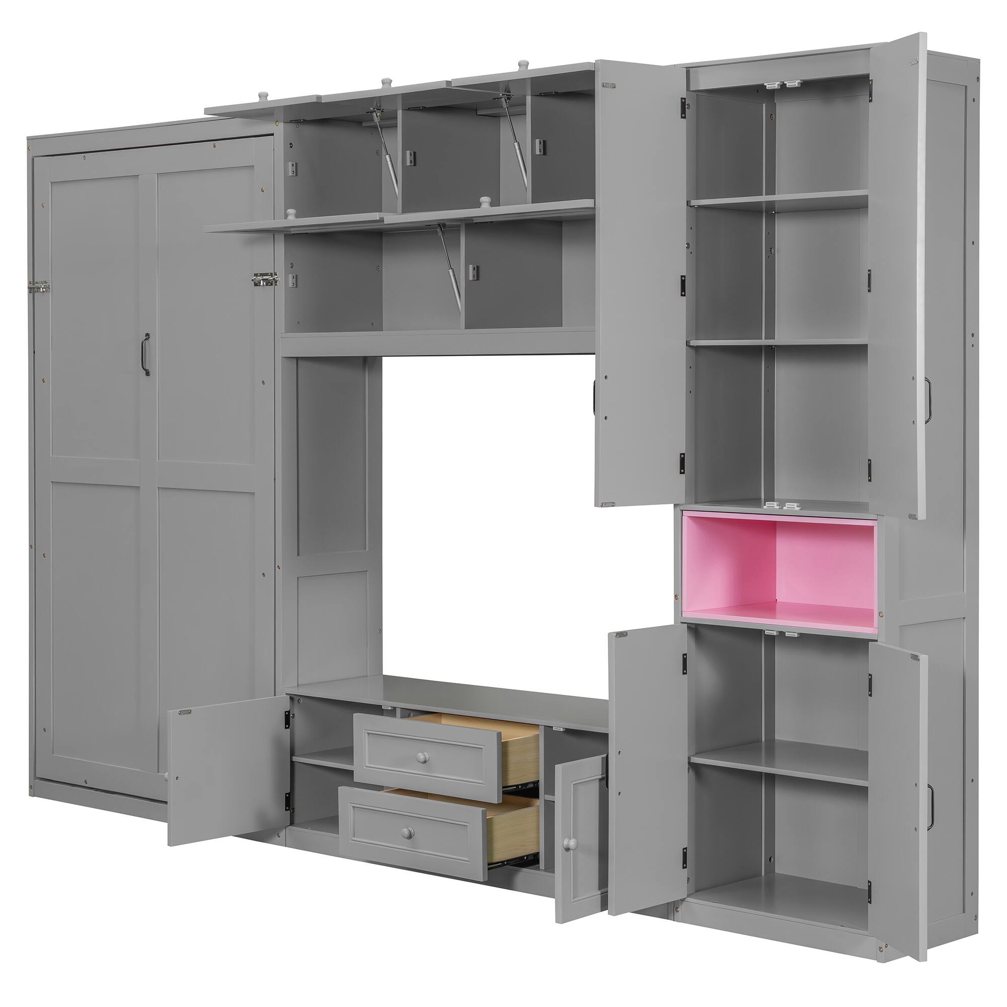 Back. Anysun - Twin Size Wooden Murphy Bed with TV Stand, 2 Drawers, Shelves, and Cabinets - Gray.