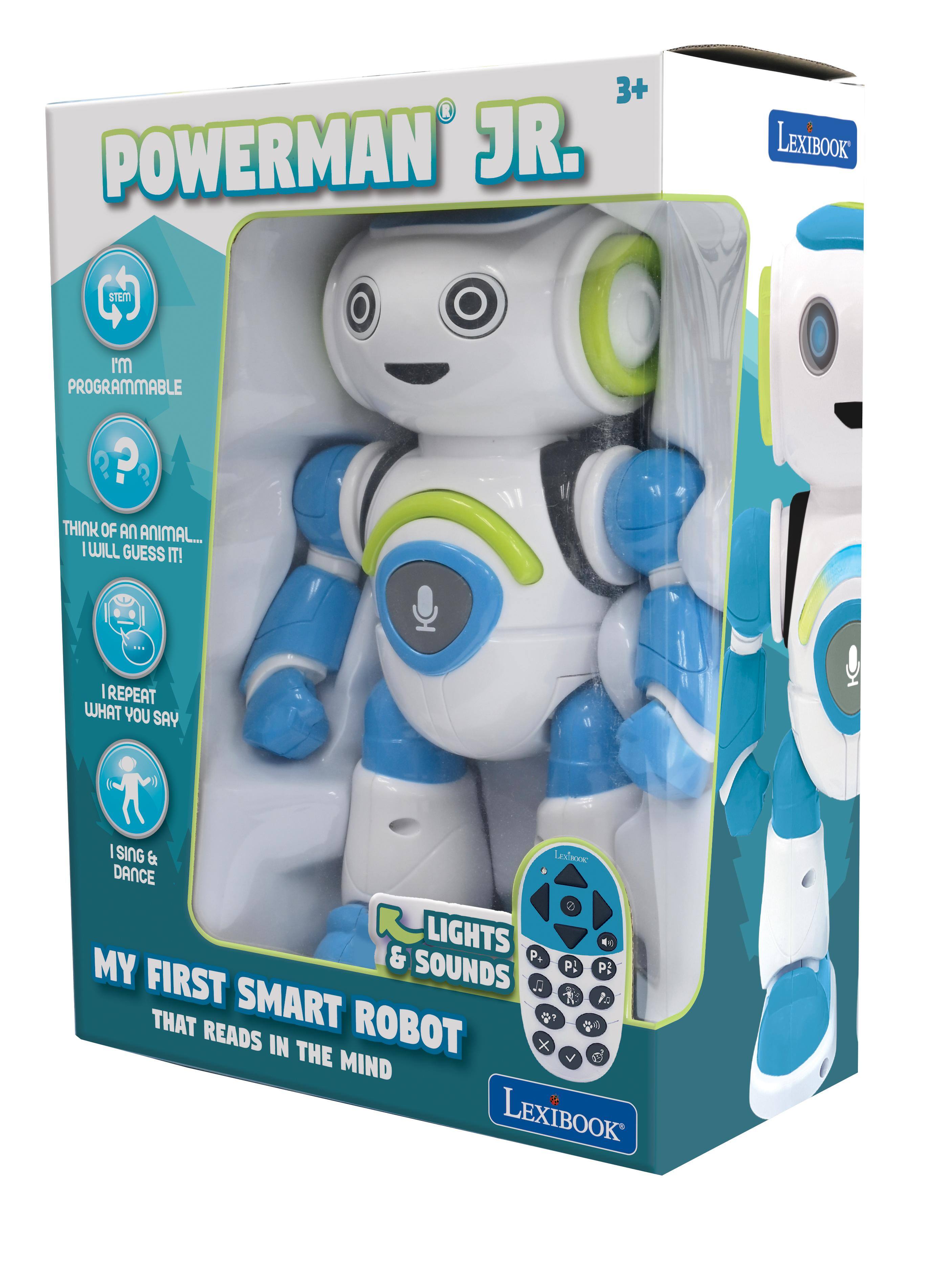 3+ POWERMAN JR.  
LEXIBOOK  
STEM  
I'm PROGRAMMABLE  
THINK OF AN ANIMAL... I WILL GUESS IT!  
I REPEAT WHAT YOU SAY  
I SING & DANCE  
LIGHTS & SOUNDS  
MY FIRST SMART ROBOT THAT READS IN THE MIND