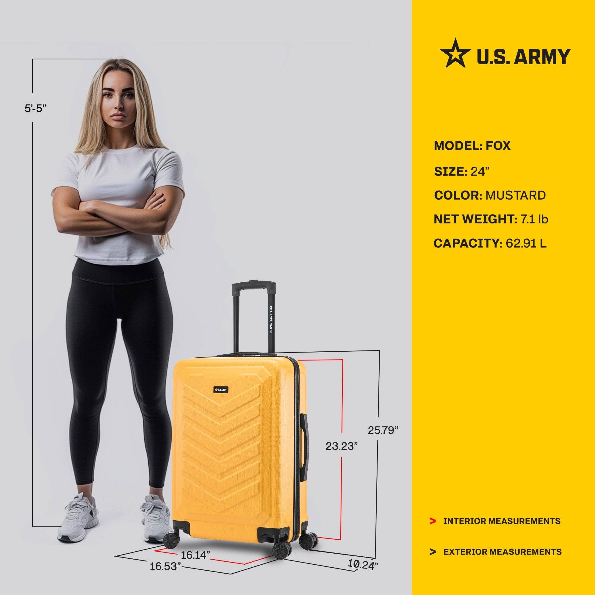 U.S. ARMY  
MODEL: FOX  
SIZE: 24"  
COLOR: MUSTARD  
NET WEIGHT: 7.1 lb  
CAPACITY: 62.91 L  

HEPER - 25.79" 23.23"  
INTERIOR MEASUREMENTS 16.14" 16.53" 10.24"  
EXTERIOR MEASUREMENTS