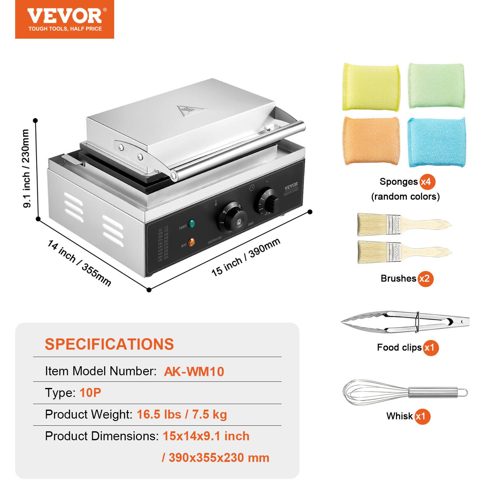 VEVOR TOUGH TOOLS, HALF PRICE

230mm / 9.1 inch
14 inch / 355mm
15 inch / 390mm

Sponges x4 (random colors)
Brushes x2
Food clips x1
Whisk x1

SPECIFICATIONS
Item Model Number: AK-WM10
Type: 10P
Product Weight: 16.5 lbs / 7.5 kg
Product Dimensions: 15x14x9.1 inch / 390x355x230 mm