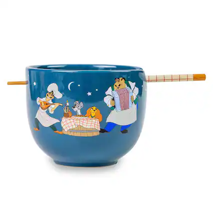 Front. Silver Buffalo - Disney Lady And The Tramp Serenade 20-Ounce Ceramic Ramen Bowl and Chopstick Set - Blue.
