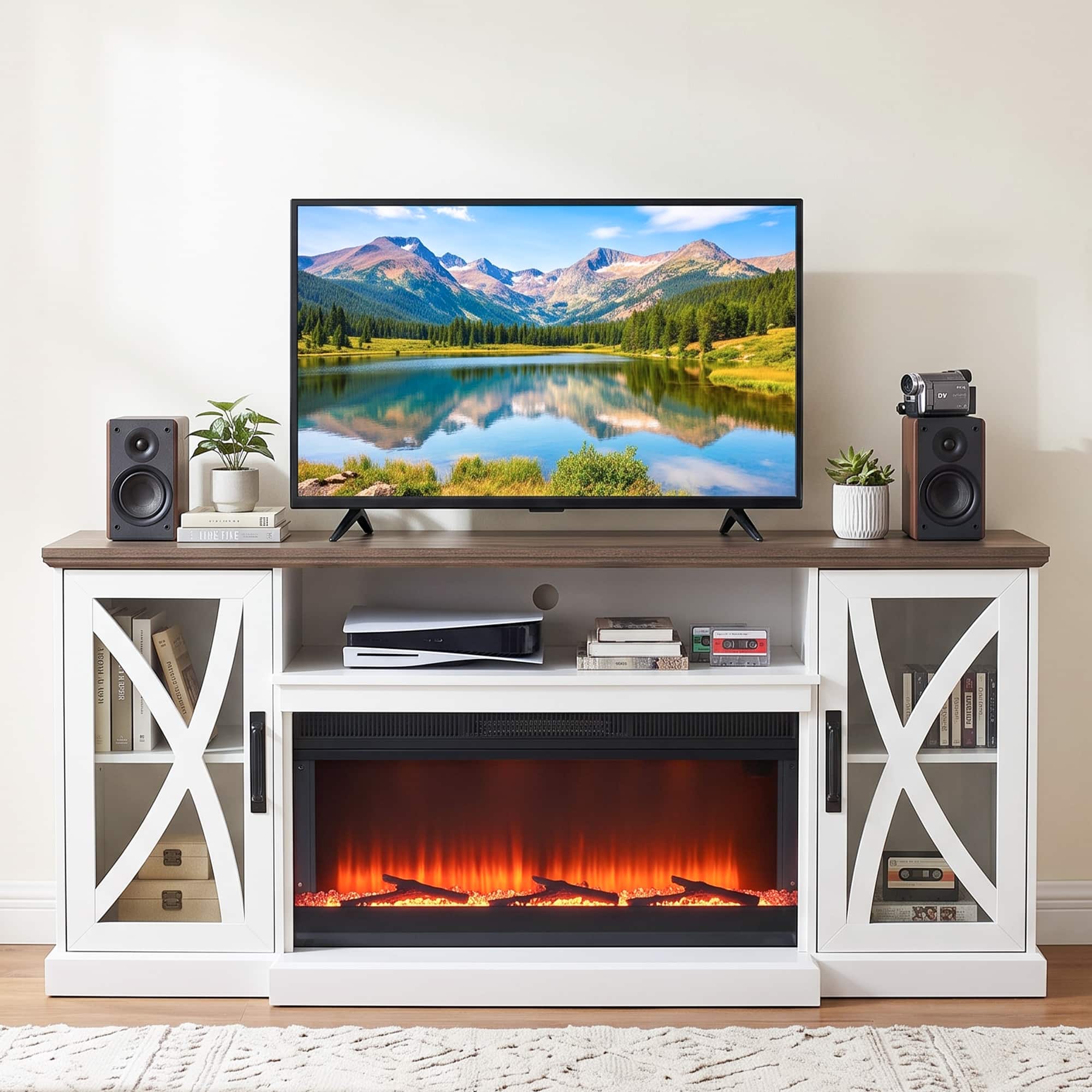 Ihomeadore - 70" Modern Electric Fireplace TV Stand Entertainment Center with 36" Electric Fireplace and Cabinets for TV up to 80" - White