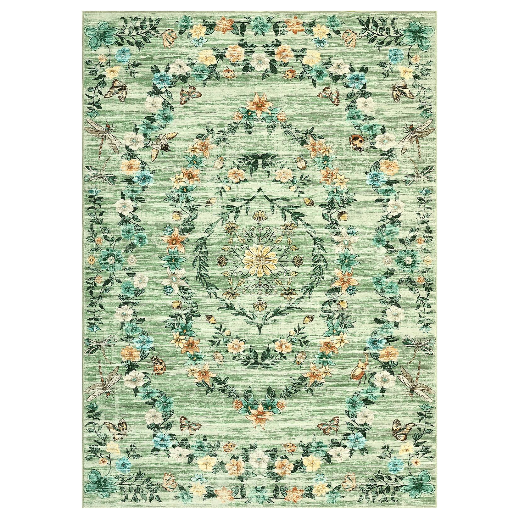 Front. GAOMON - Modern Floral Area Rug Non Slip Stain Resistant Ultra Thin Machine Washable Floor Cover for Kitchen Living Room Laundry - Green.