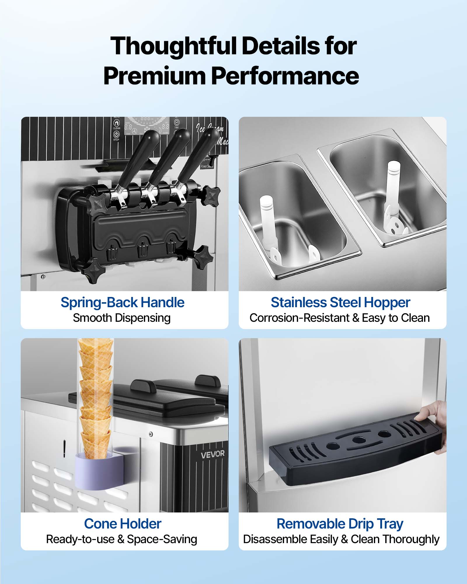 Thoughtful Details for Premium Performance

- Spring-Back Handle Smooth Dispensing
- Stainless Steel Hopper Corrosion-Resistant & Easy to Clean
- Cone Holder Ready-to-use & Space-Saving
- Removable Drip Tray Disassemble Easily & Clean Thoroughly