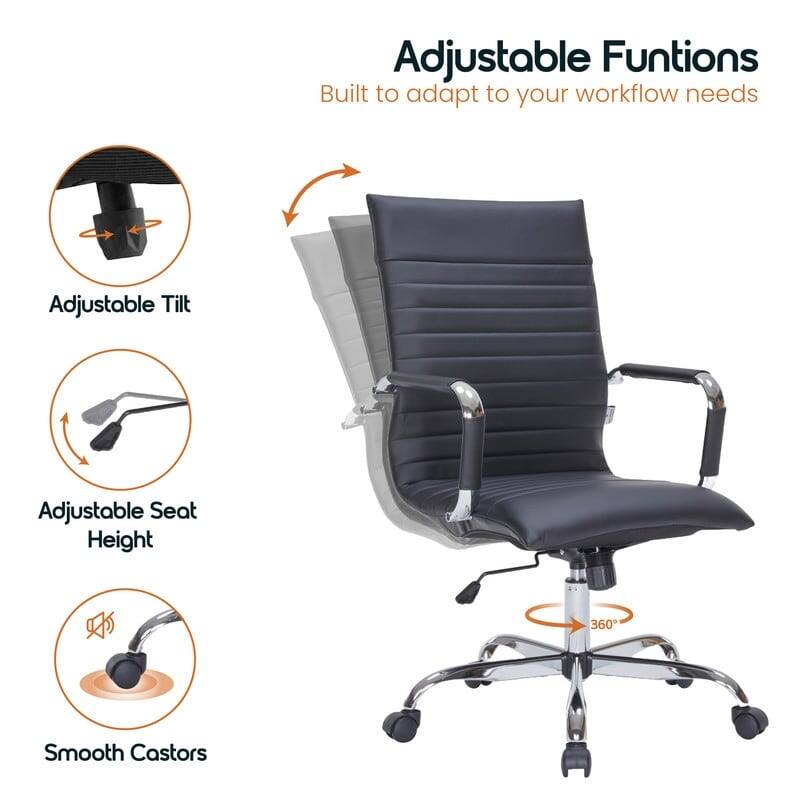 Adjustable Functions  
Built to adapt to your workflow needs  

- Adjustable Tilt  
- Adjustable Seat Height  
- Smooth Castors  
- 360°