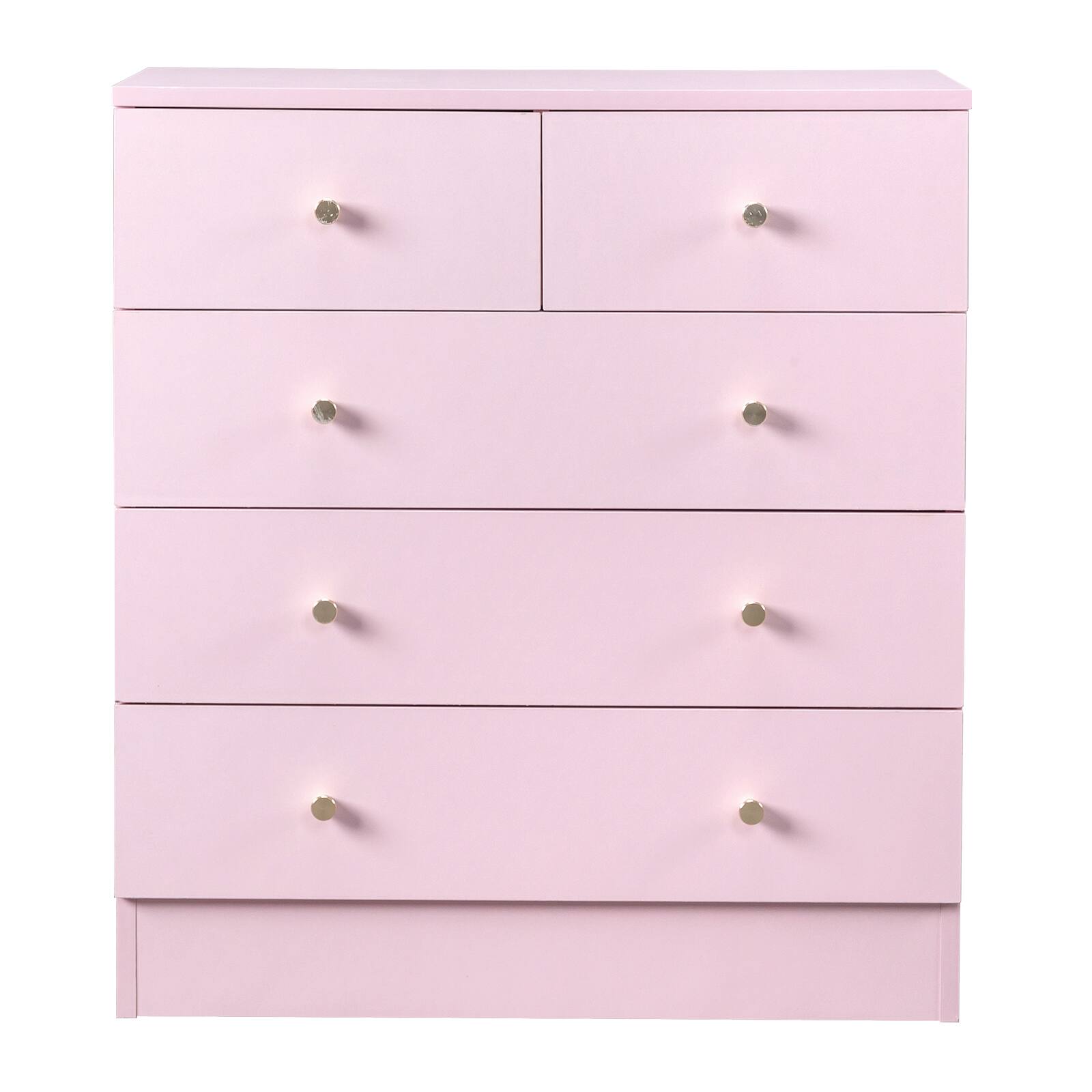 Angle. Kadyn - 5 Drawer Dresser with Gold Handle, Nursery Dresser Chest Of Drawers Organizer - Pink.